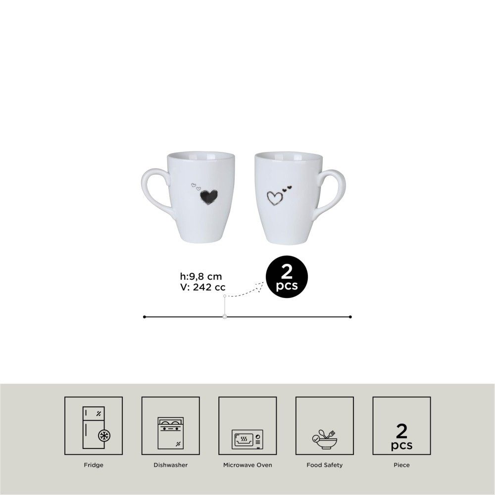 Kütahya Porselen Kaffeeservice Kütahya Porselen 2er Becher Set 240 ml Porzellan Weiß Herzmotiv, Porzellan