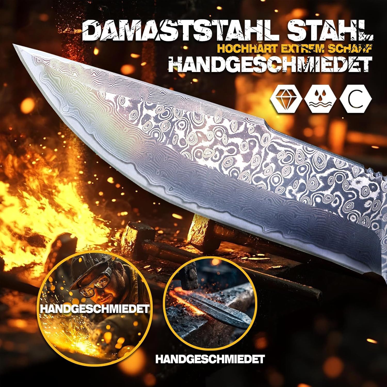 KingLux Damastmesser Damast Jagdmesser 77Lagen Damaszener Stahl Outdoor Bushcraft Messer