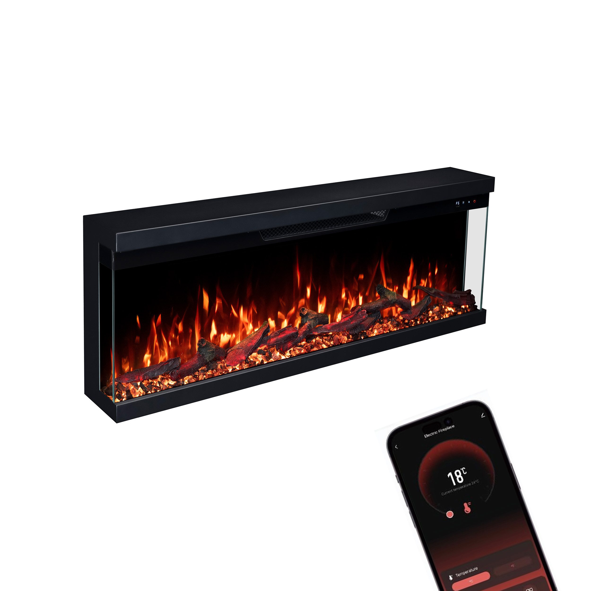 GLOW FIRE Elektrokamin Insert Wandkamin mit 3D Feuer und Heizung (Thermostat, 900- 1800 W), Elektrischer Stand-, Wand- oder Einbaukamin mit APP Steuerung, LED