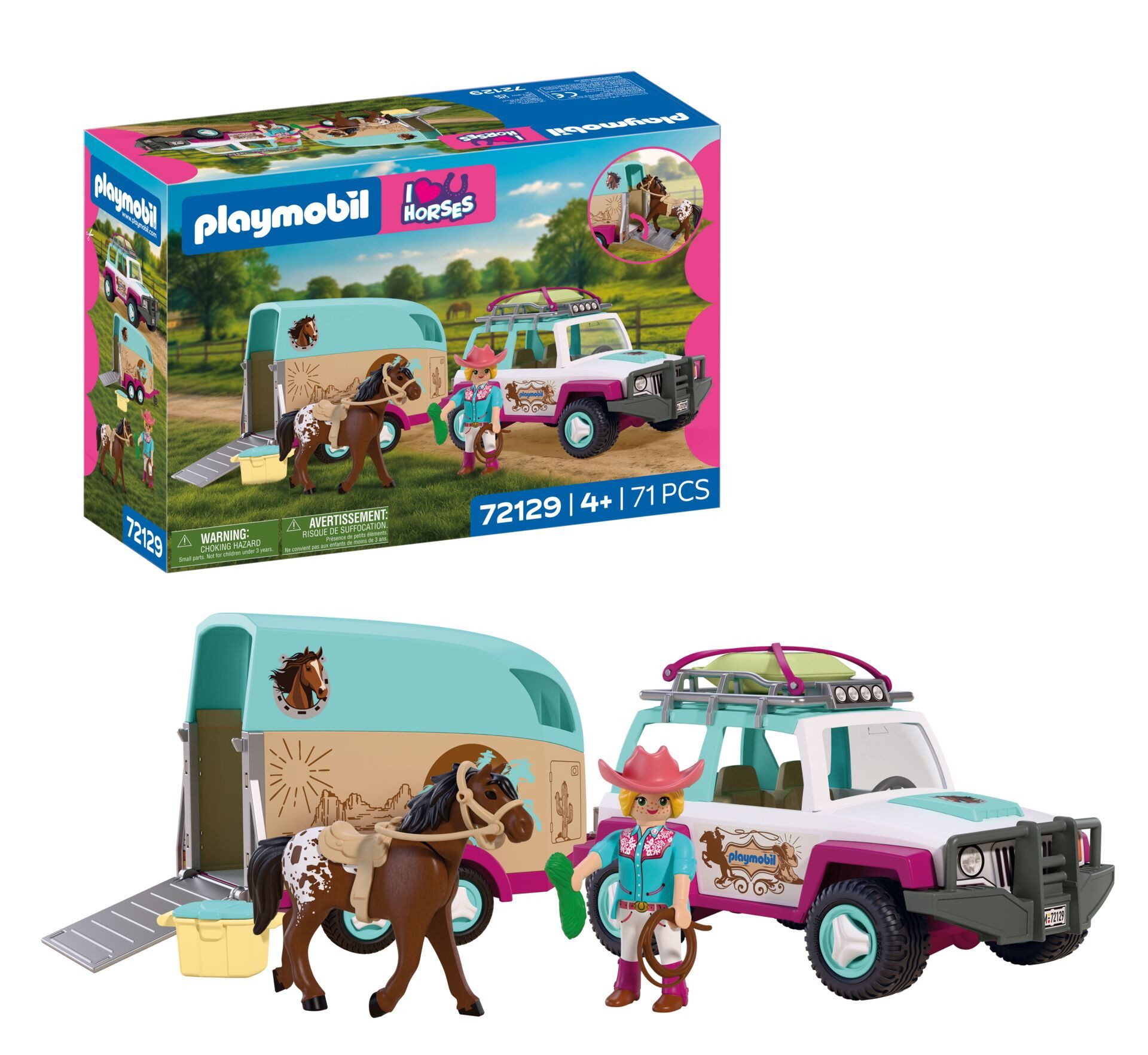Playmobil® Geländewagen mit Pferdeanhänger (72129), I Love Horses Konstruktions-Spielset, (71 St), Made in Europe