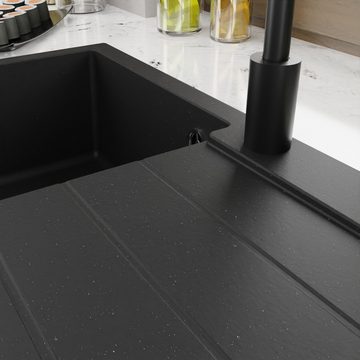 QLS Küchenspüle Master 1.0 Rechts, Granit-Spülbecken, Einbauspüle Einzelbecken mit Abtropffläche 77x44cm