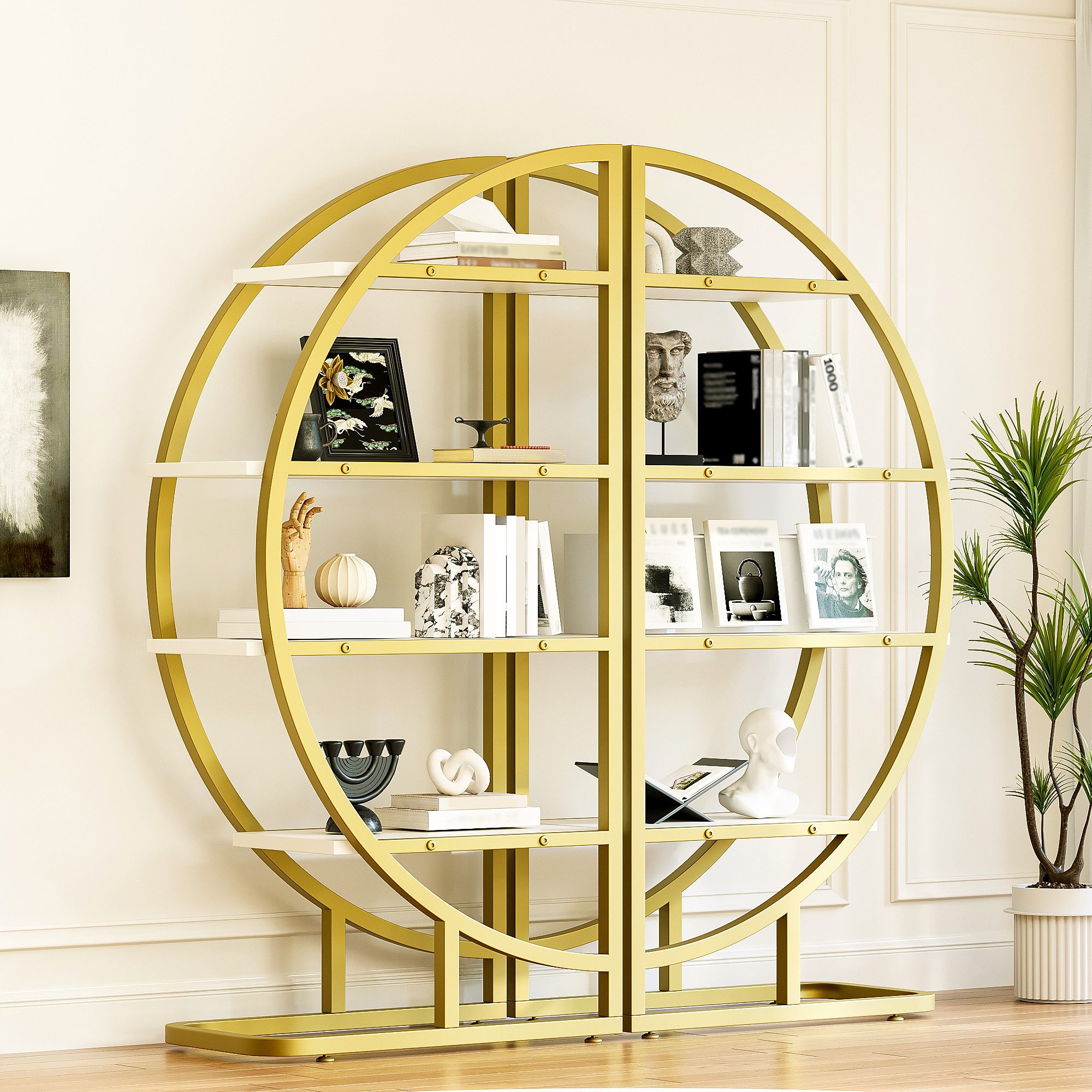 Odikalo Bücherregal Rundbogen Standregal 2-teiliges Metallregal, 4 weißen MDF-Böden modulares Halbkreis-Regal für Wohnzimmer, Küche & Dekoration, 120×30×130 cm