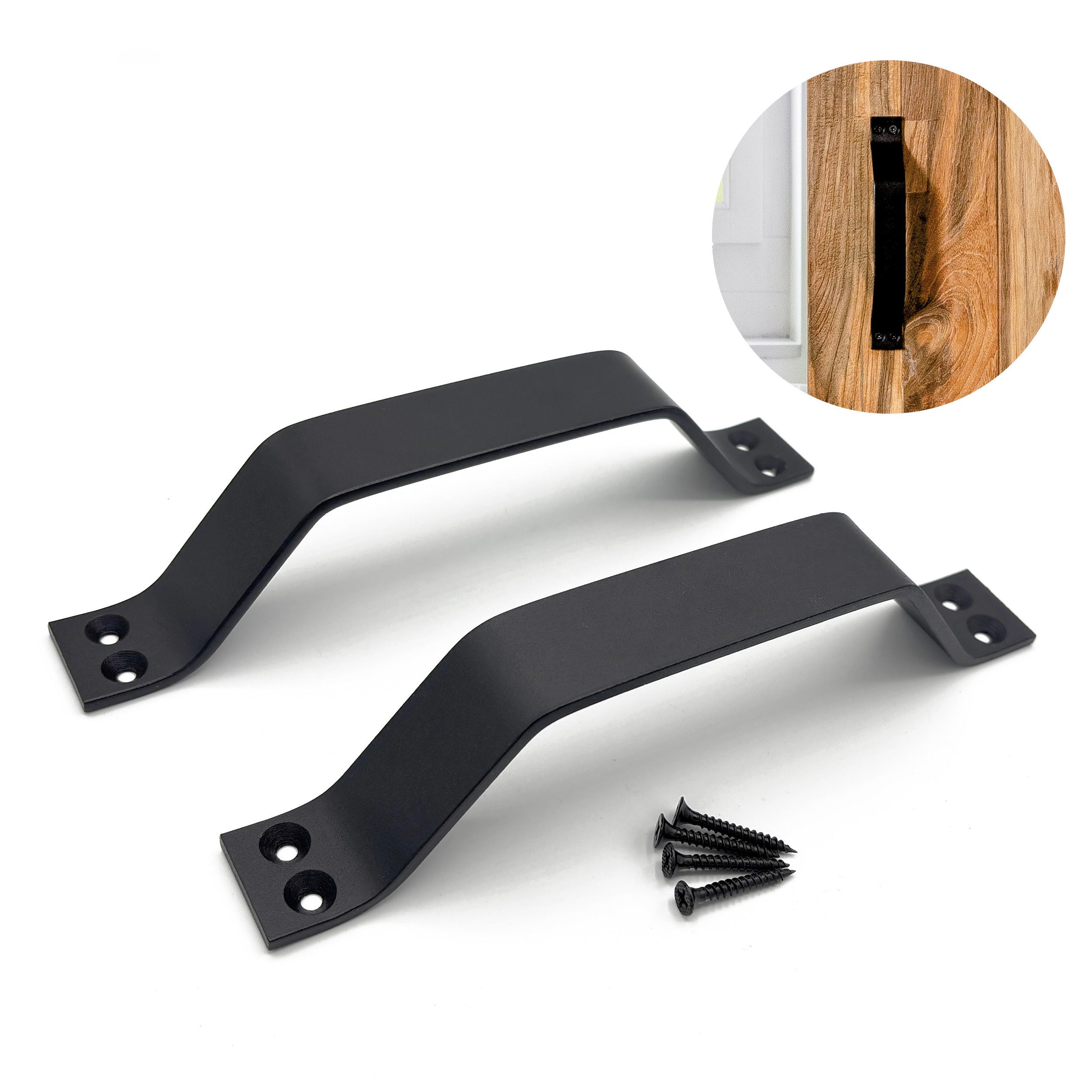 INDO Türbeschlag Scheunentorgriff, Stahl, Vorschraubgriff, Schiebetür Handgriff (Spar-Set mit 2 Türgriffen, Versandkostenfreie Lieferung, 10 St., 2 Türgriffe pro Set inkl. passender schwarzer Schrauben), Hochwertiger Stahl, 2 Türgriffe im Set inkl. Schrauben