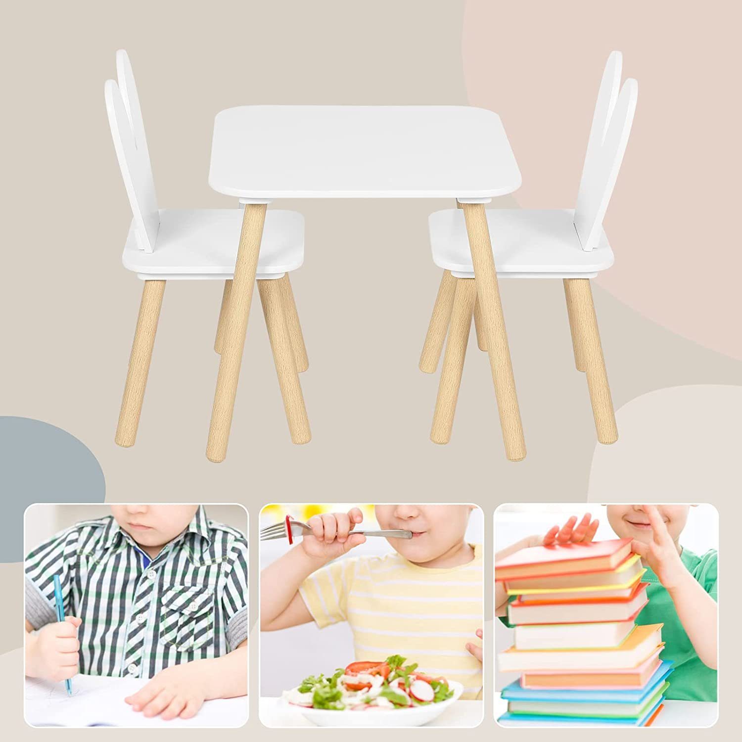 Woltu Kindersitzgruppe, Kindertisch mit Weiß mit 2 Stühlen, Massivholzbeinen