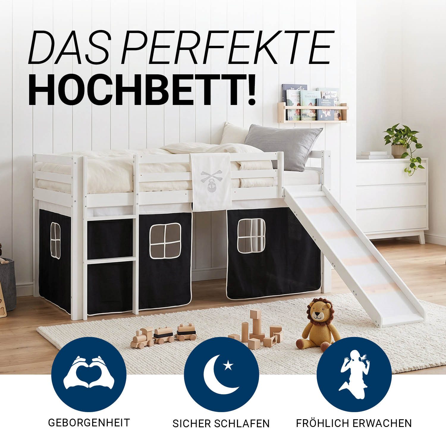 Homestyle4u Hochbett 90x200 cm Kinderbett Weiß mit Vorhang Kinder Treppe Leiter Kiefer Holz (Set, mit Rutsche, Junge, Spielbett) Pirat, Junge Spielbett