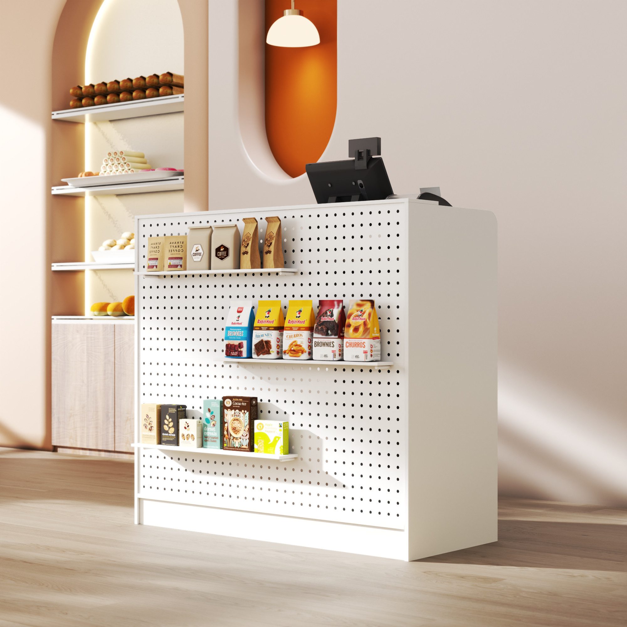 FUFU&GAGA Empfangstheke 120 cm lange Kasse mit Lochblech, 1 Tür und 2 Schubladen