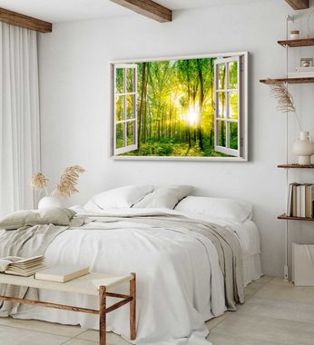 Sinus Art Leinwandbild Wandbild 120x80cm Fensterbild Natur grüner Wald Bäume Baumkronen Sonne, (1 St)