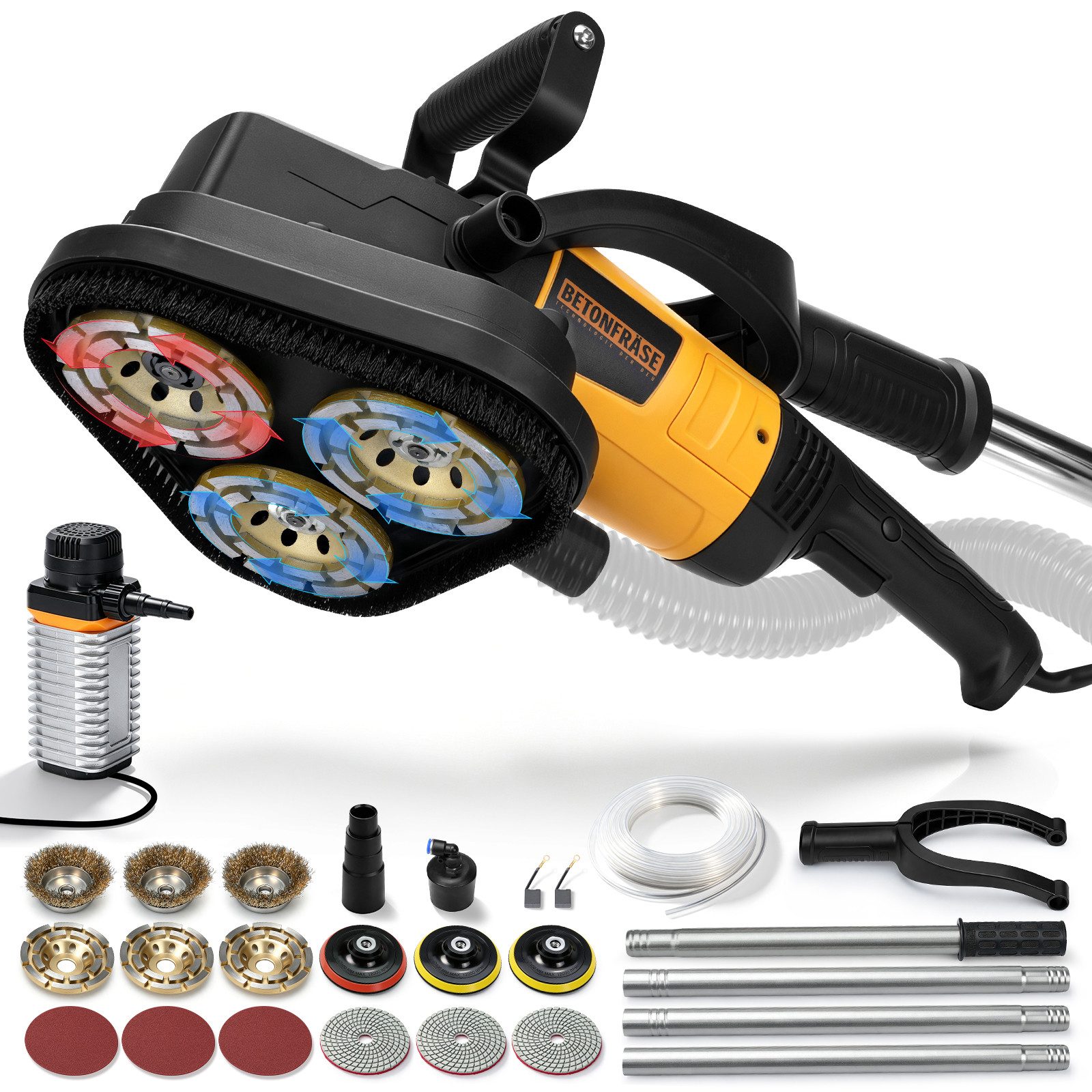 XERSEK Winkelschleifer 3800W Betonschleifer mit 3 Diamantschleiftopf Betonfräse Schleifgerät, max. 3000 U/min, (Set, Nass & Trocken, 105mm, 6 Stufen, 2M Langgriff), für Flächen, Kanten und verschiedene Materialien