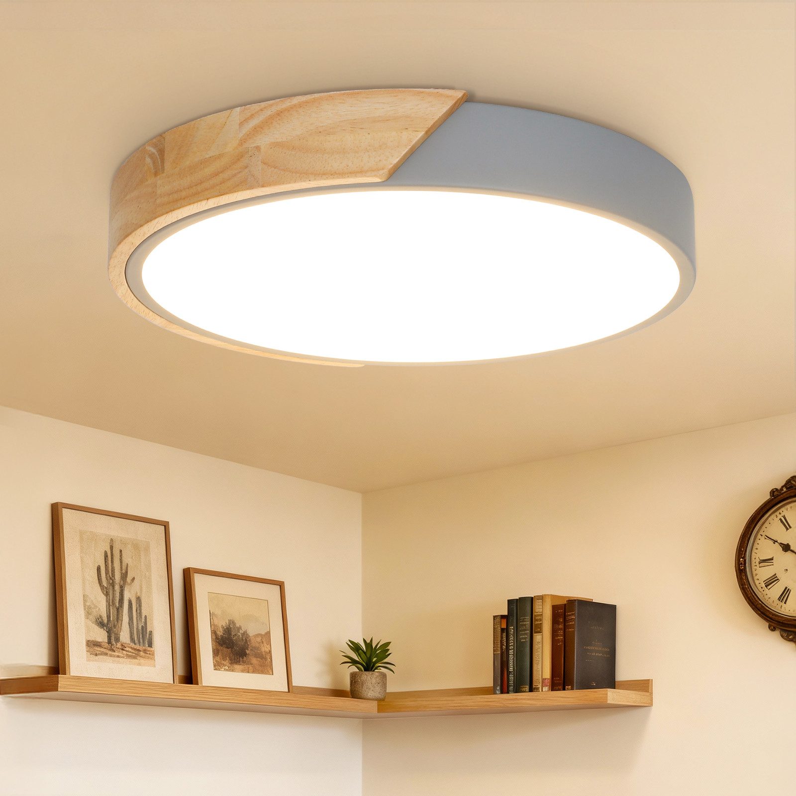 Kimjo Deckenleuchte runde LED-Deckenlampe, Ø30cm ultradünn für alle Wohnräume, LED fest integriert, Warmweiß, LED-Panel mit Holzoptik & grauem Rahmen, 24 W, 3000 K