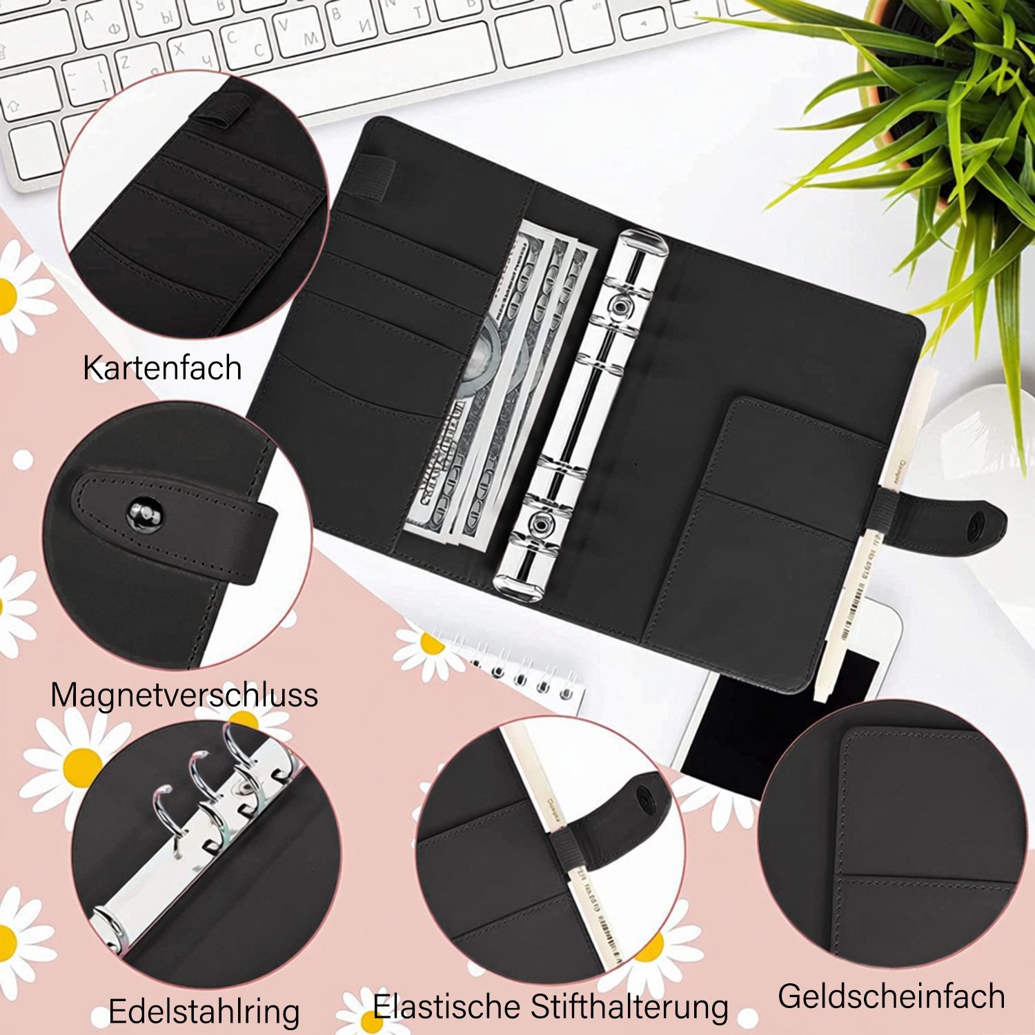 MOPUEA Konferenzmappe A6 Budgetordner Ringbuchmappe Geldkassette aus Kunstleder (Schreibmappe, 1-St., Multifunktionale Geld- / Dokumentenmappe mit 12 Reißverschlussfächern), Kartenfächern und Budgetbögen für Haushalt, Büro und Reisen