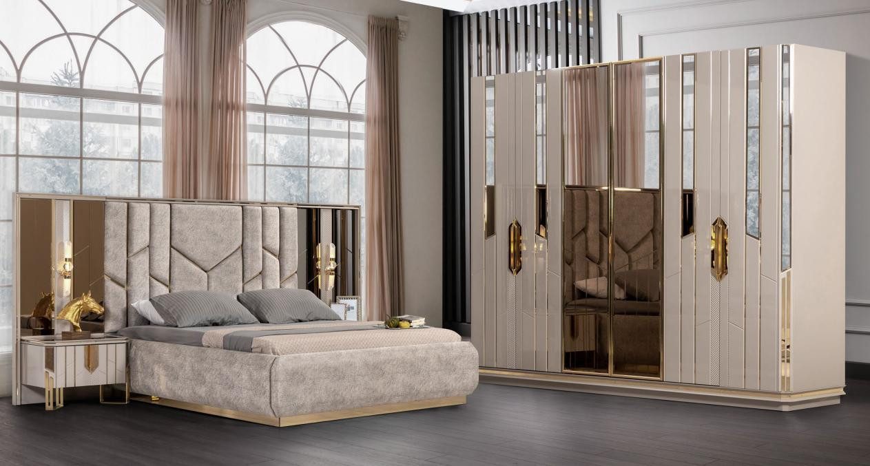 Schlafzimmer-Set Garnitur Schlafzimmer Doppelbett Bett Nachttische Beige Schrank