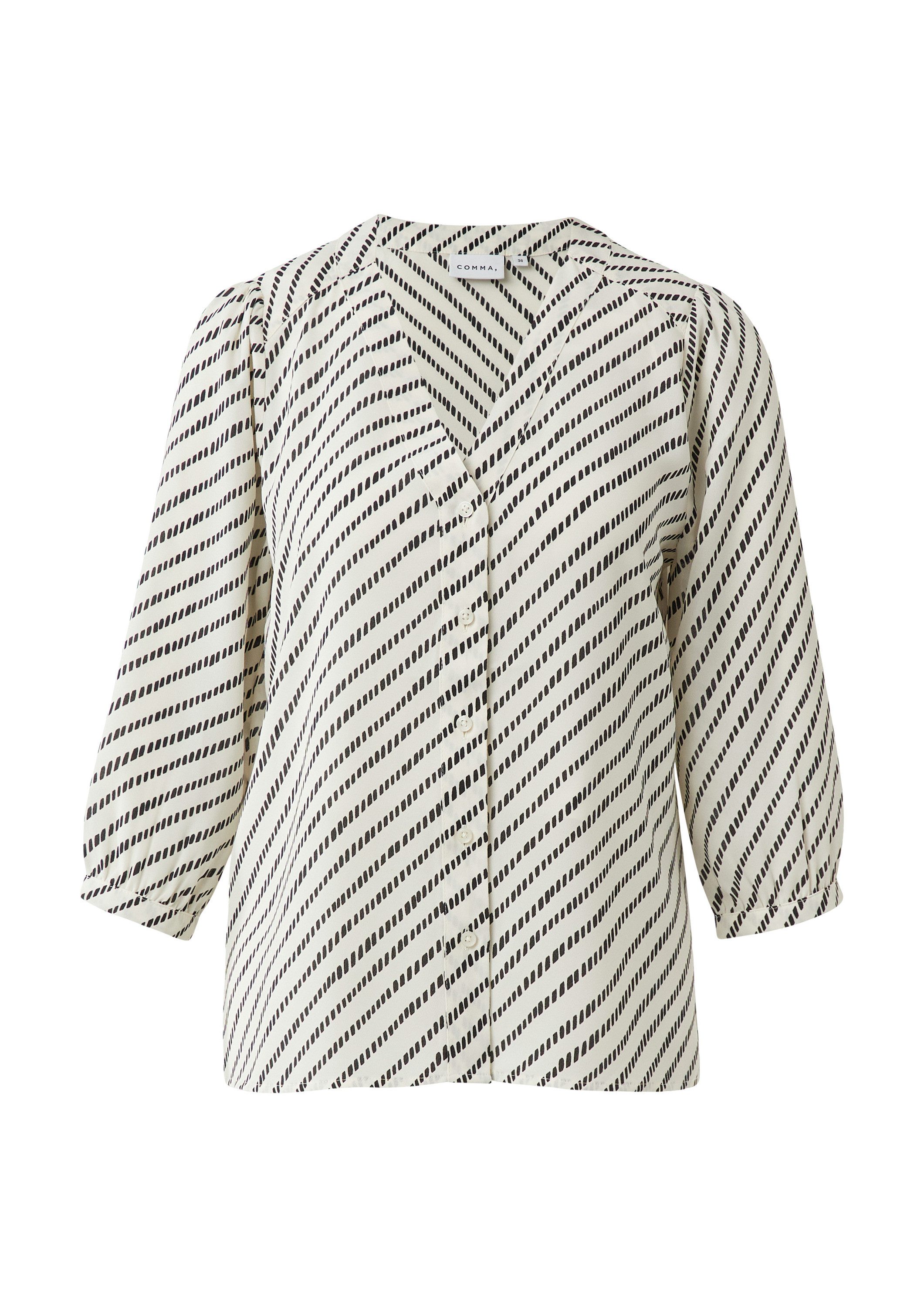 comma Kurzarmbluse Bluse Gemusterte Chiffon-Bluse mit 3/4-Ärmeln und Raffung