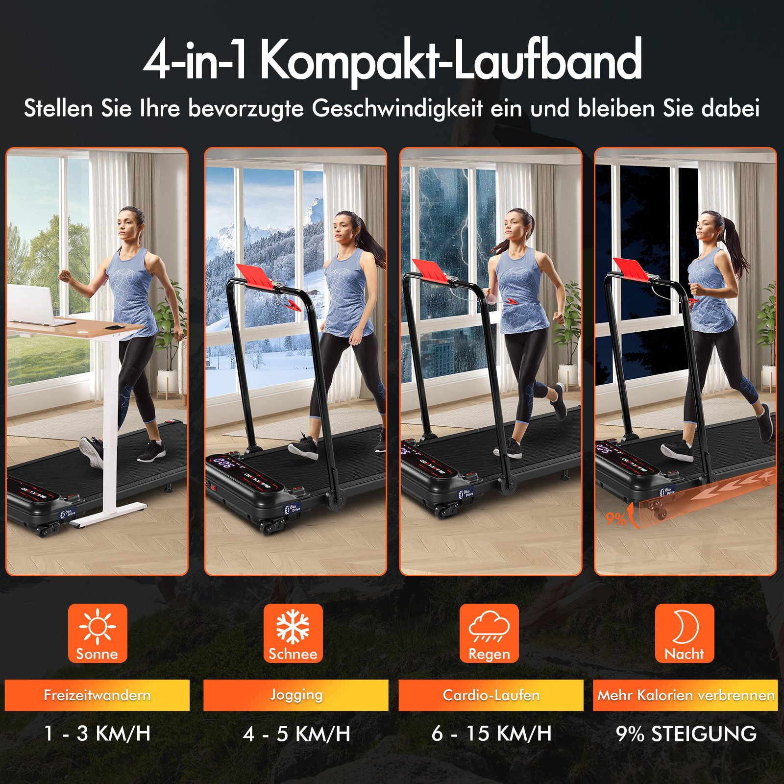 BLACK LORD Laufband 3,0PS Motor, 12 km/h, mit Steigung, Bluetooth App Steuerung, 390mm, 3 Stufen Neigung, LED Display, Fernbedienung, Untertisch