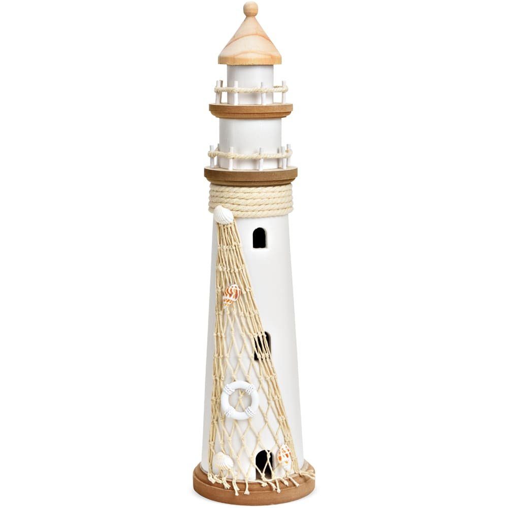 Dekofigur Leuchtturm & Fischernetz Badezimmer Holz weiß natur 48 cm