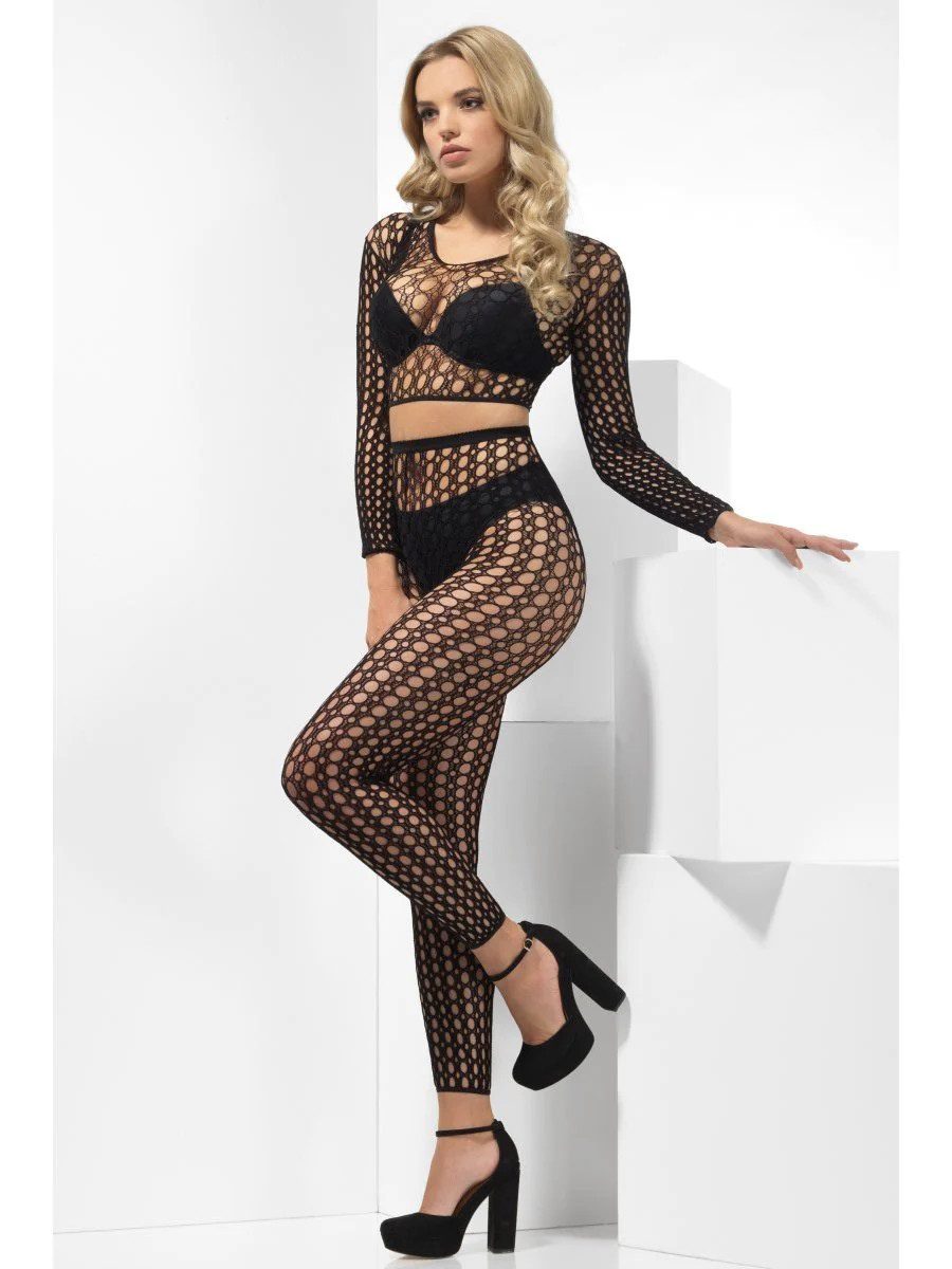 Smiffys Bodystocking Netzwäsche-Set, mit bauchfreiem Top und Strumpfhose Einheitsgröße