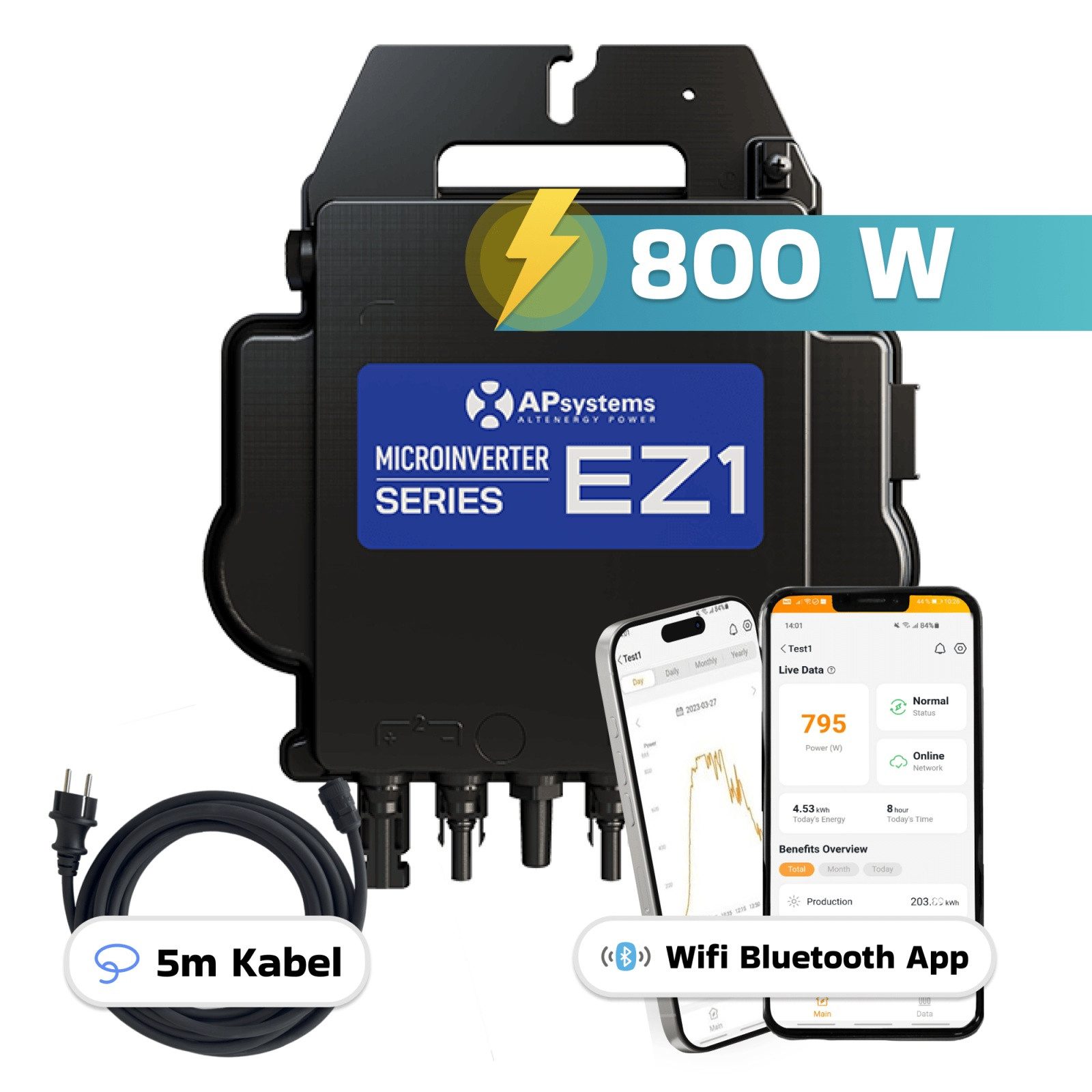 SUNNIVA Wechselrichter AP Systems Mikro-Wechselrichter 800 W EZ1-M-EU für Balkonkraftwerk, (IP67 wetterfest, Plug-&-Play Installation, 2 MPPT, Bluetooth & WIFI, inkl. 5 m Anschlusskabel Micro Inverter)