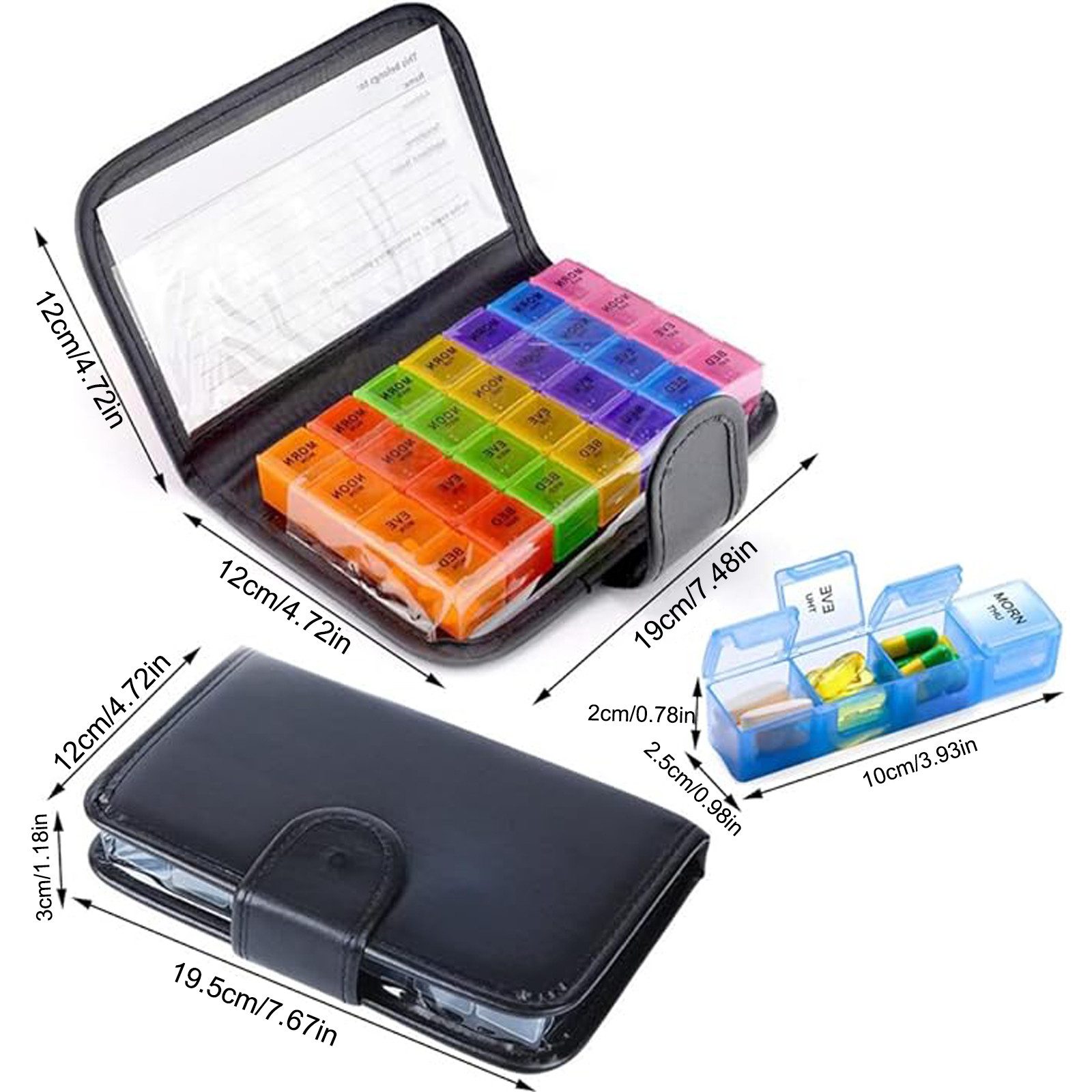 STILVORA Pillendose Tablettenbox 7 Tage Tablettendose tragbar Medikamentenbox 21 Fächer (Medikamente aufbewahren Kunstleder Tasche für Hand- oder Hosentasche, 1 St., Medikamentenbox Pillen-Organisator Bunt BPA-frei 7 Tage 28 Fächer), für Pillen Vitamin Fischöl für Morgens Mittags Abends Nachts