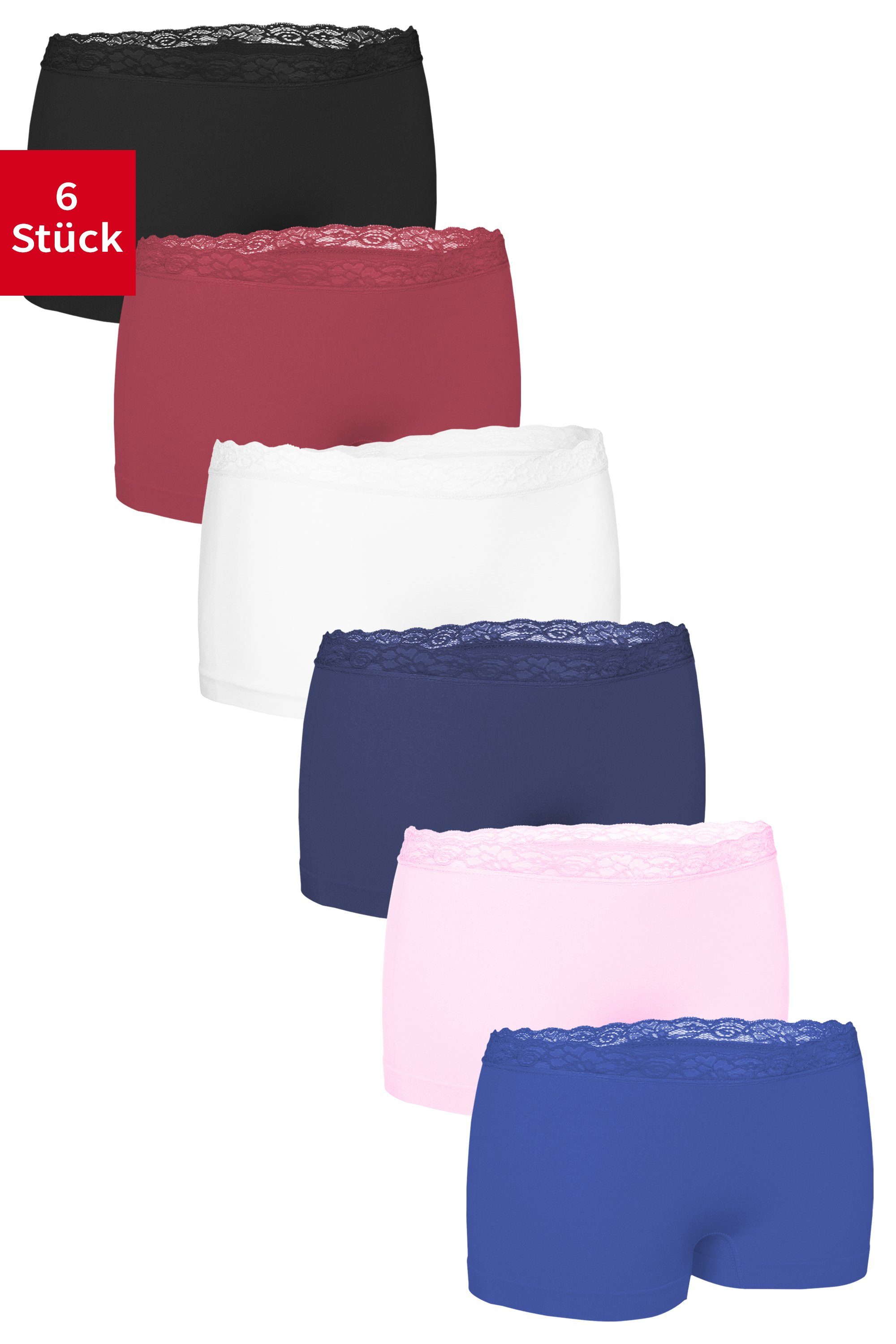 Fabio Farini Boxershorts Damen Bund Slip - (Packung, 6-St) Frauen mit Microfaser am Spitze Royalblau/Rosa/Nachtblau/Weiß/Himbeerrot/Schwarz Unterhosen dezenter Boxer