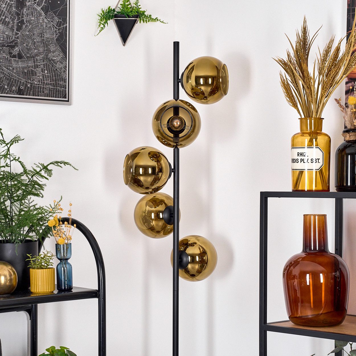 hofstein Stehlampe Stehlampe aus Metall/Glas in Schwarz/Goldfarben, ohne Leuchtmittel, Stehleuchte Retro/Vintage, Ø Schirme 15 cm, Fußschalter, 160 cm, E14