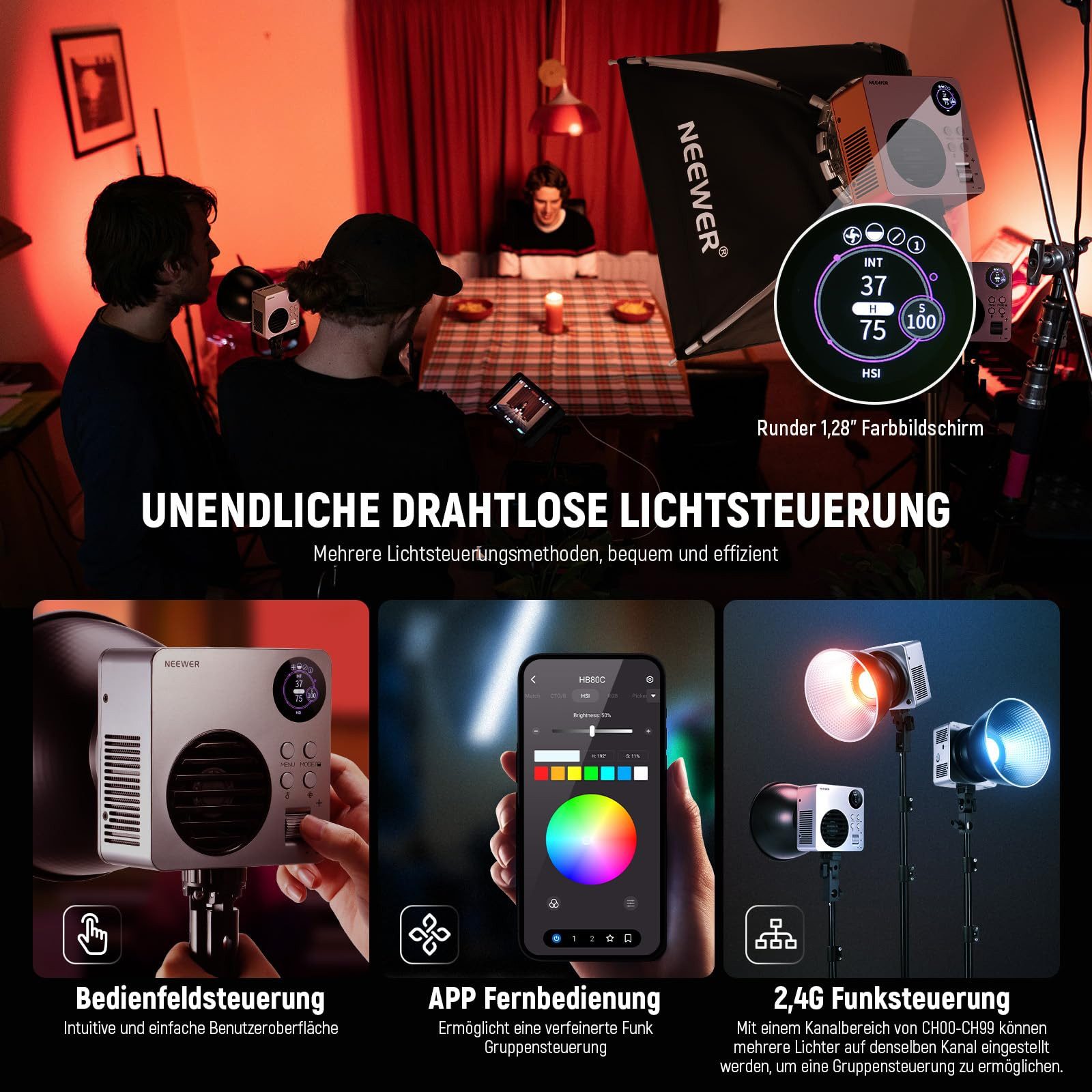 Neewer Videoleuchte HB80C 80W RGBWW LED Videolicht mit 72Wh Akku & 100W PD Schnellladung, Energie Efizienz Label (A bis G):G