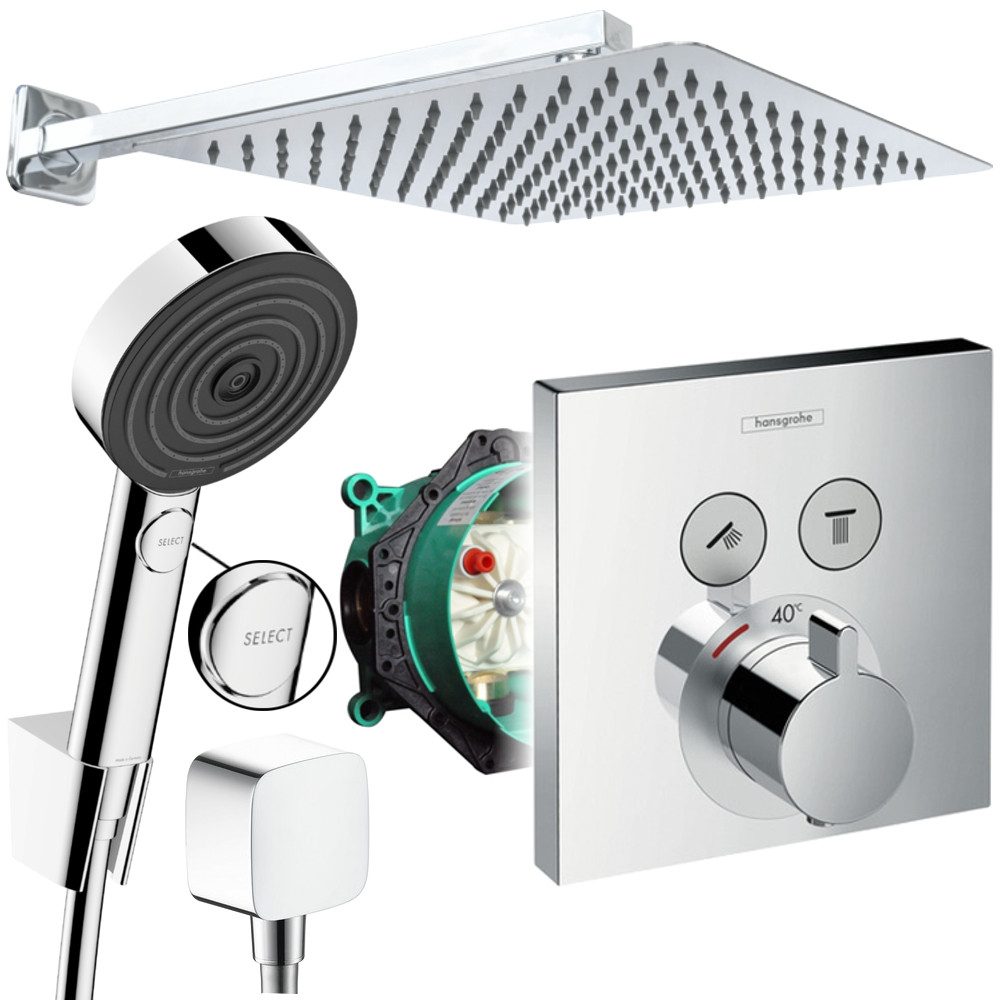 Hansgrohe und Jowi Duscharmatur ShowerSelect Thermostat, Unterputz Duschsystem mit Kopfbrause, Pulsify (Unterputz-Duschsystem) Thermostat und Handbrause mit Select-Taste, Edelstahl Kopfbrause