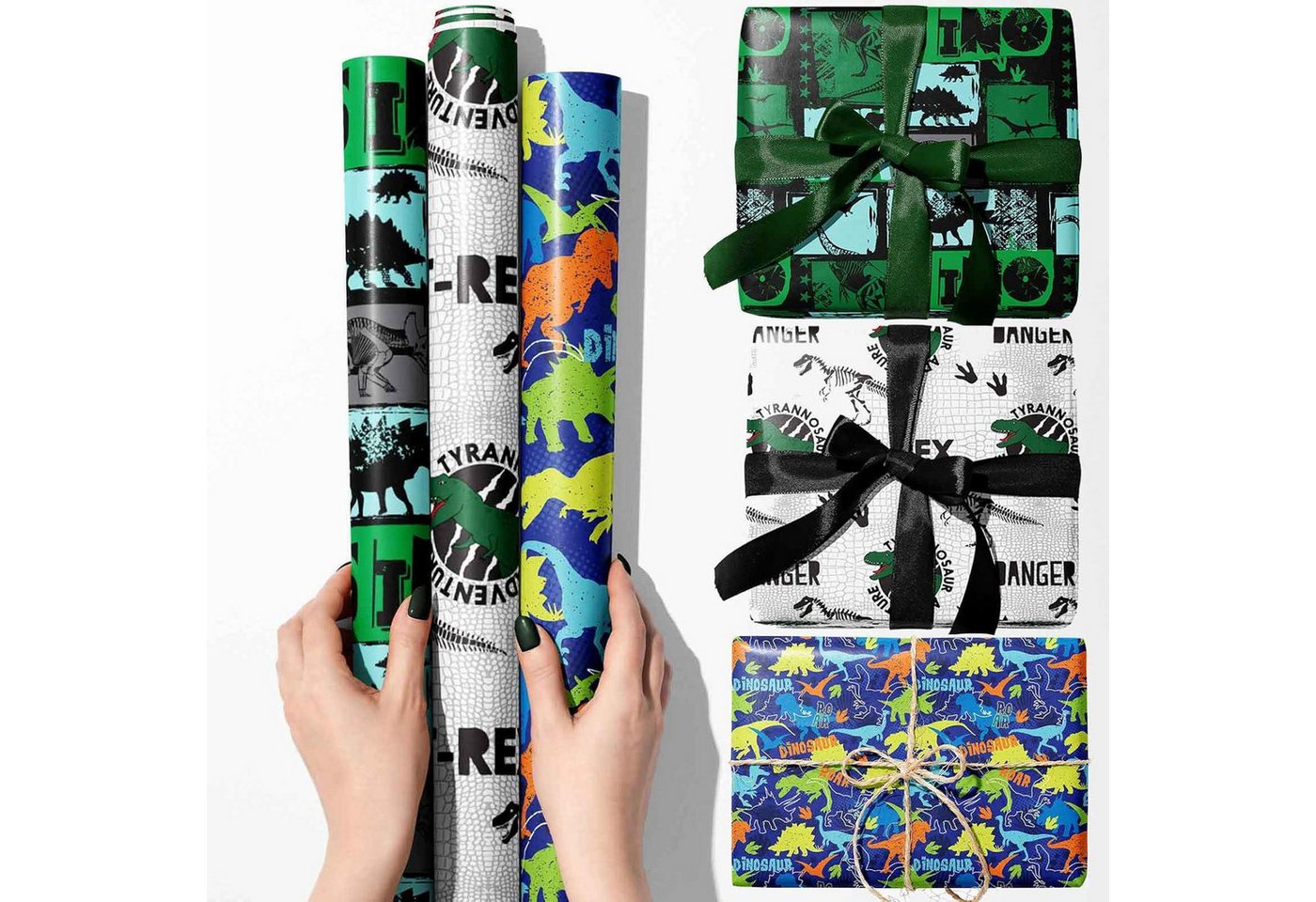 Thumbnail - LuxusKollektion Geschenkpapier 3 Rollen Dinosaurier Geschenkpapier UV-Druck 43x300cm