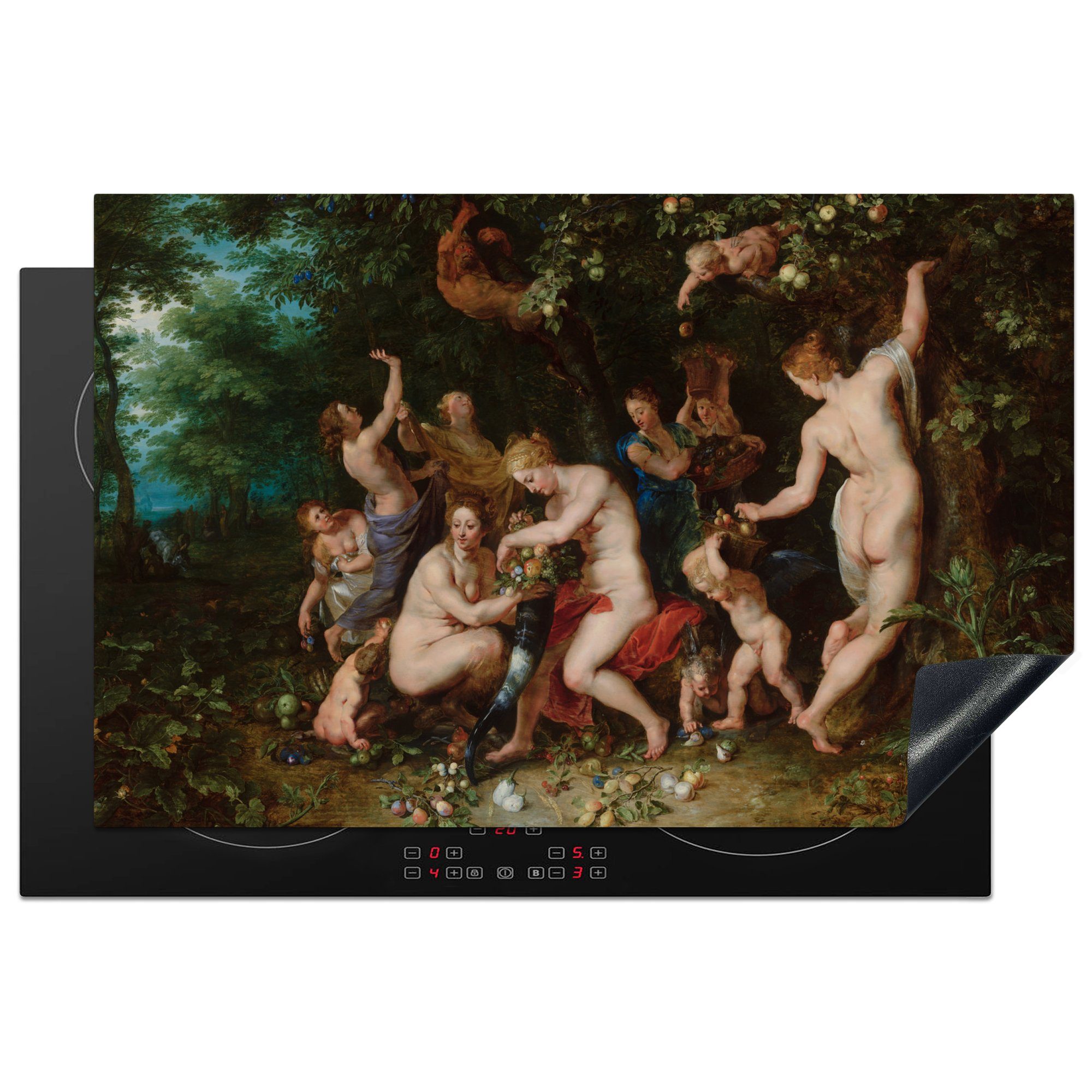 MuchoWow Herdblende-/Abdeckplatte Nymphen füllen das Füllhorn - Gemälde von Peter Paul Rubens, Vinyl, (1 tlg), 81x52 cm, Induktionskochfeld Schutz für die küche, Ceranfeldabdeckung
