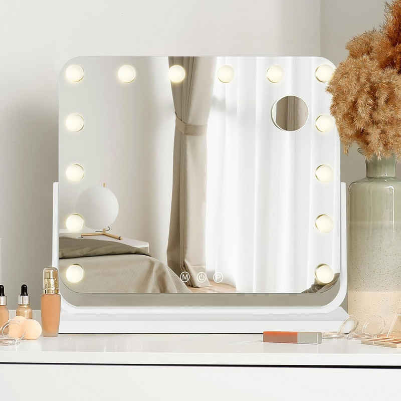 TLGREEN Kosmetikspiegel, Drehbarer Schminkspiegel mit Beleuchtung, 57x48cm, Dimmbar, 3 Lichtfarben, mit USB, 10 x Vergrößerungsspiegel