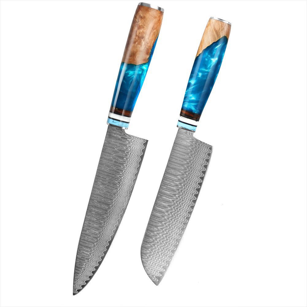 KingLux Damastmesser 2tlg. Damast Küchenmesser Set Damaststahl Santoku Chefmesser