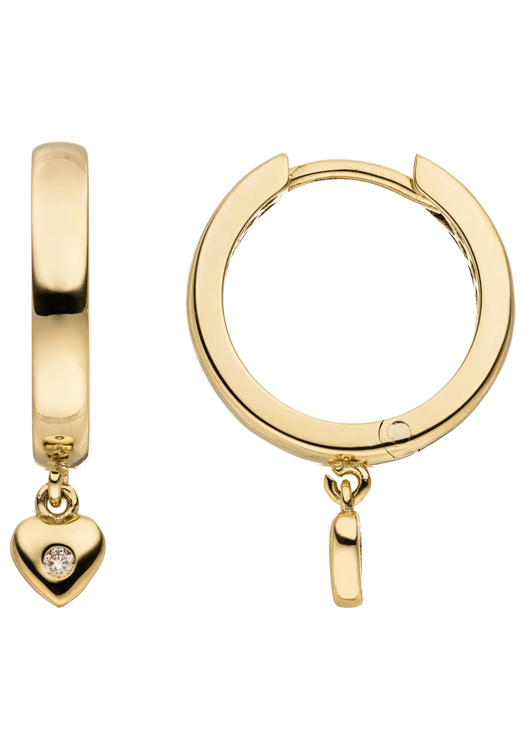 JOBO Paar Creolen Ohrringe mit Herz-Anhänger 21 mm, 8 Karat 333 Gold mit 2 Zirkonia