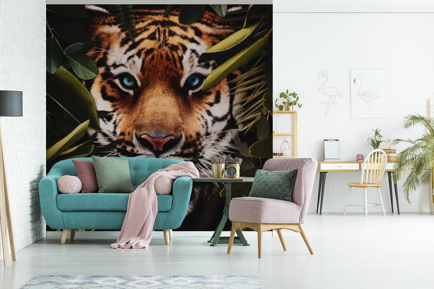 - bedruckt, - Tiger Tapete Dschungel (5 MuchoWow oder Wohnzimmer Vinyl Matt, Blätter, Schlafzimmer, Fototapete St), für Wandtapete