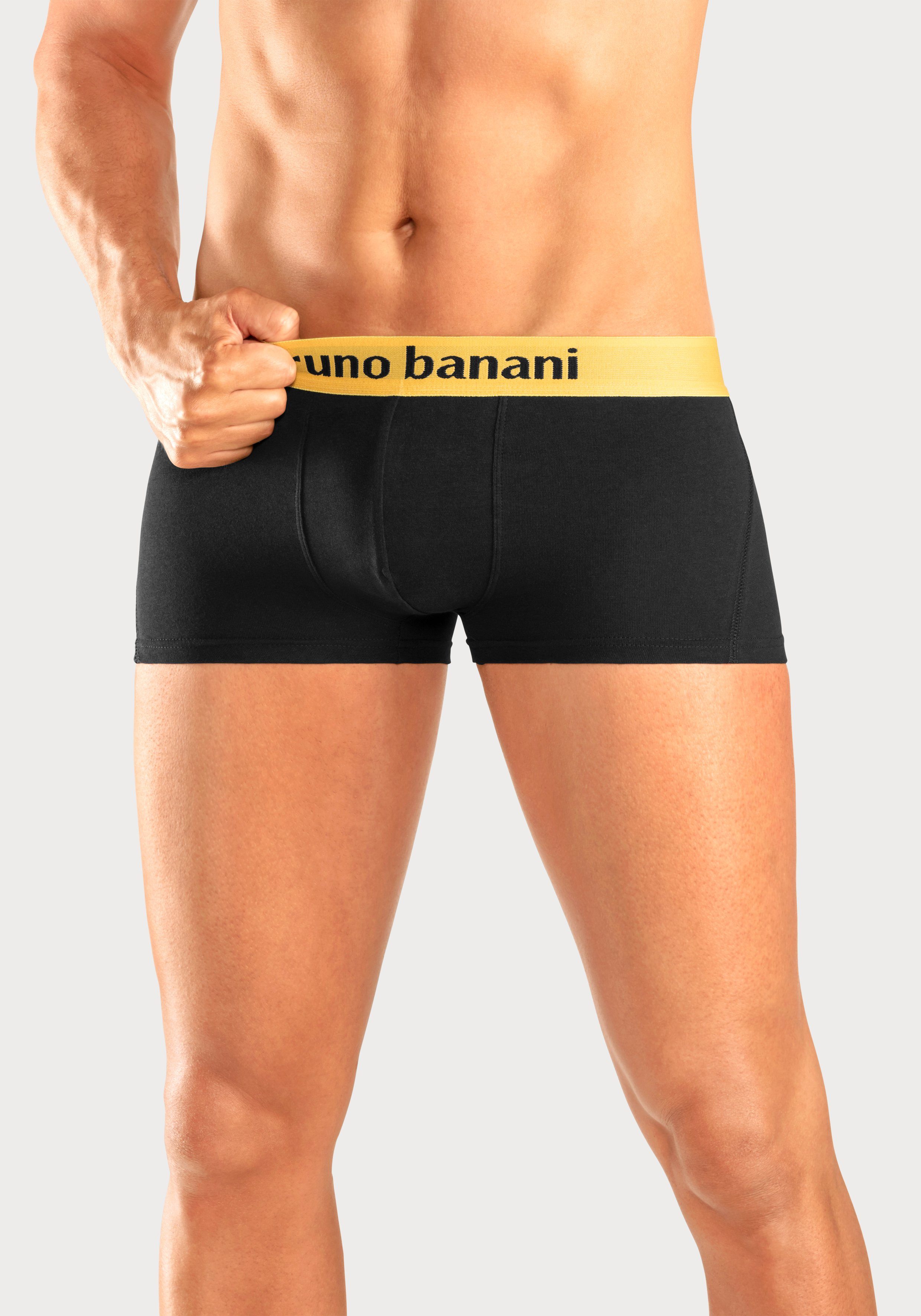 Logo Boxershorts 4-St) schwarz-orange, Webbund mit Hipster-Form Bruno Banani schwarz-lila in schwarz-türkis, schwarz-gelb, (Packung,