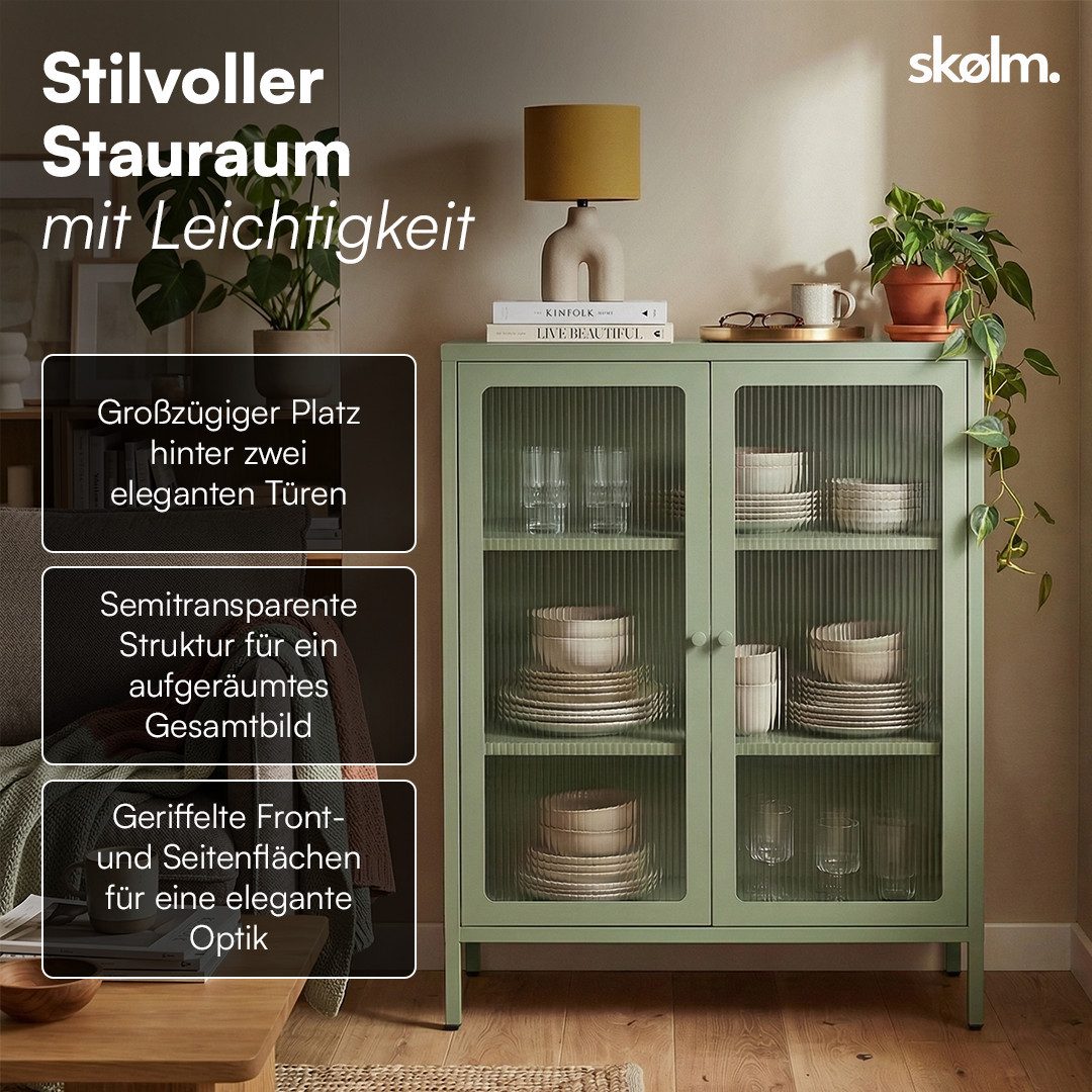 skølm Highboard Norns Vitrinenschrank mit Glastüren (mintgrün, bis 80 kg belastbar, kratzfest), Metallkommode mit verstellbaren Fächern, Sideboard 100x38x80 cm