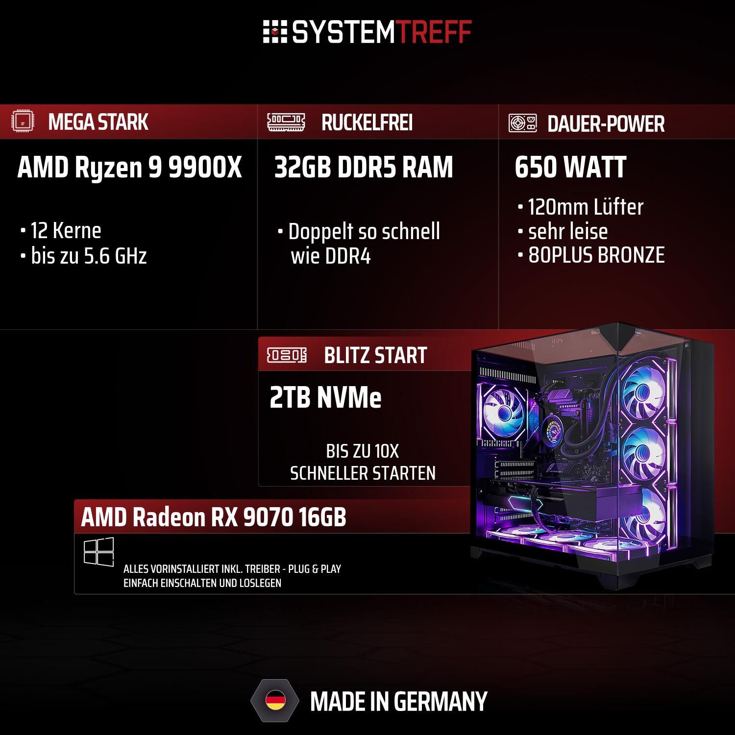 SYSTEMTREFF AMD Ryzen 9 9900X mit AMD Radeon RX 9070 16GB Gaming-PC (AMD 9900X 9900X, Radeon RX 9070, 32 GB RAM, 2000 GB SSD, Wasserkühlung)