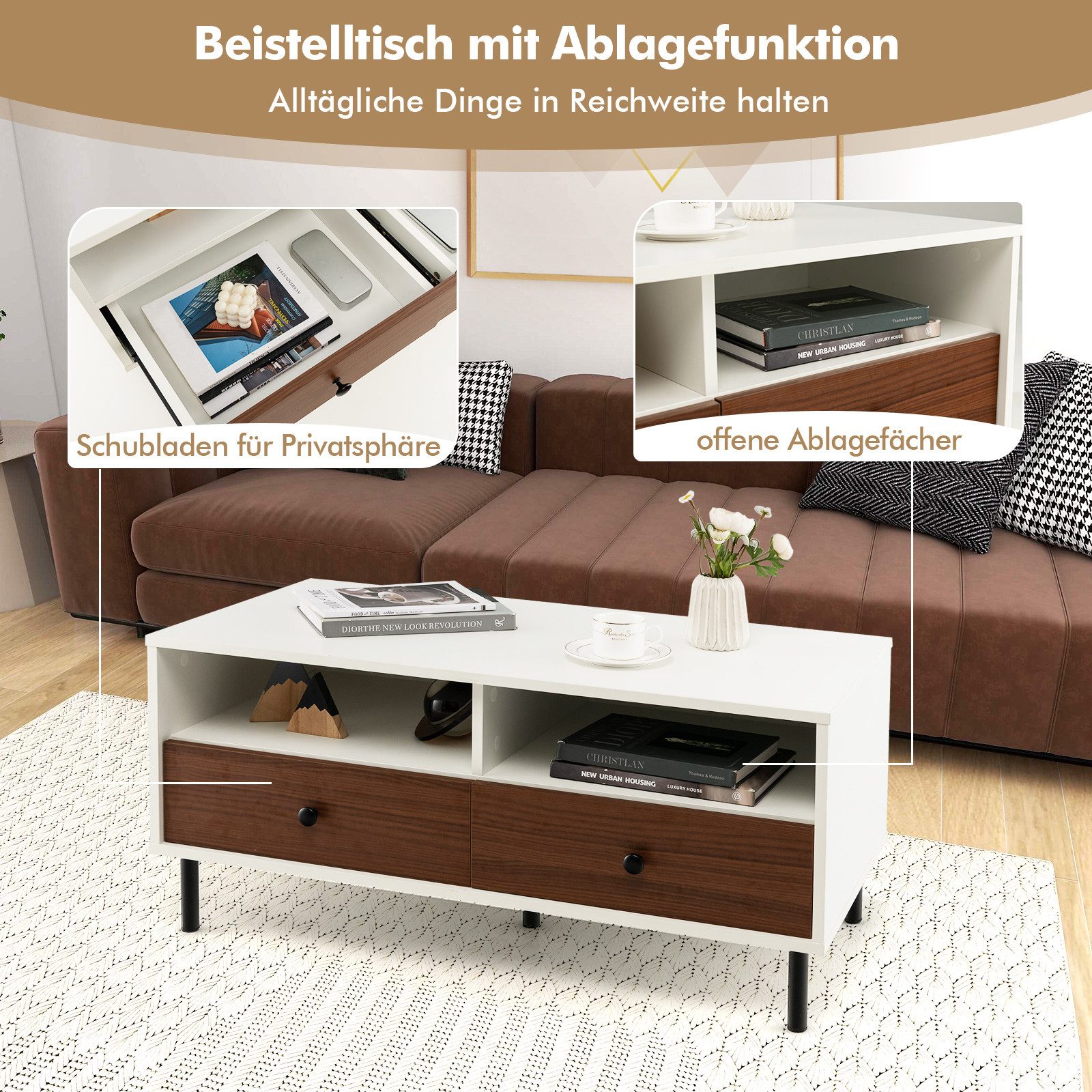 COSTWAY Couchtisch, mit 2 Schubladen & 2 Ablagen, rechteckig, 48x95x45cm