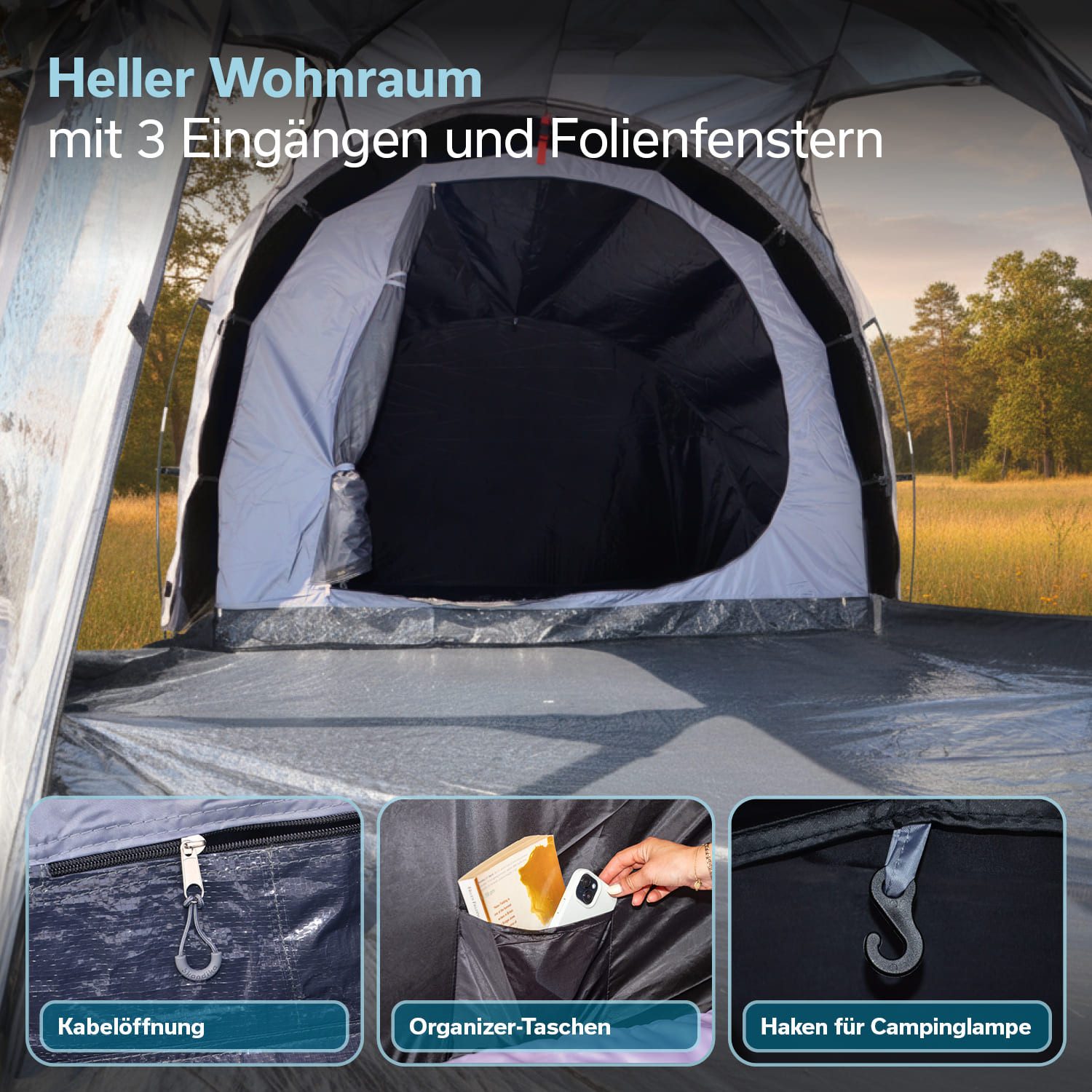 Skandika Tunnelzelt Helgver 3 Sleeper, Festival Zelt für 3 Personen, großer Vorraum, Personen: 3 (farbig markiertes Gestänge, schwarze Schlafkabine, UPF 50), Sleeper Technology, wasserdicht, 3000 mm Wassersäule, Kabelöffnungen