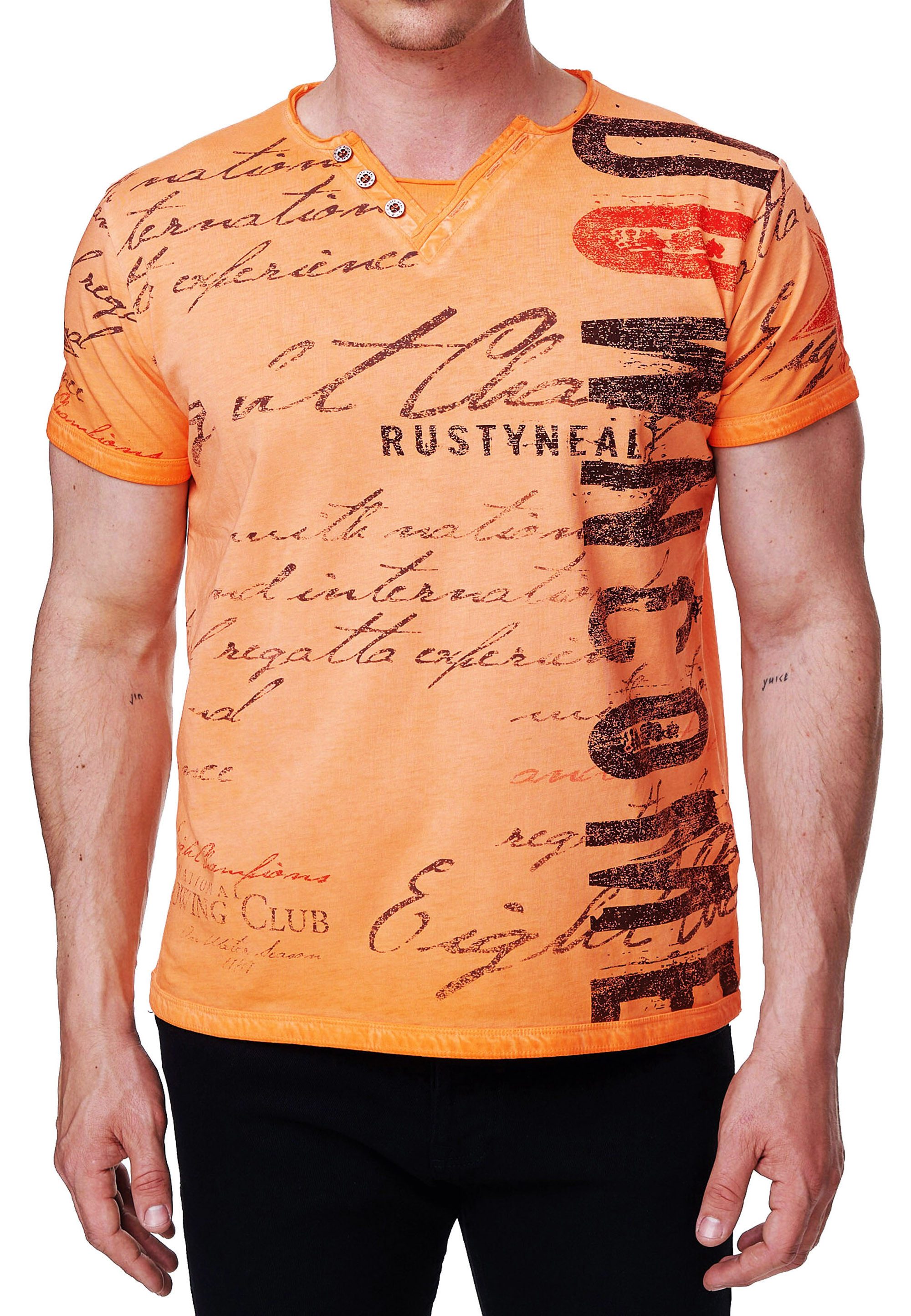T-Shirt T-Shirt V-Neck mit Knopfleiste Verwaschen & Bedruckt Logo Print