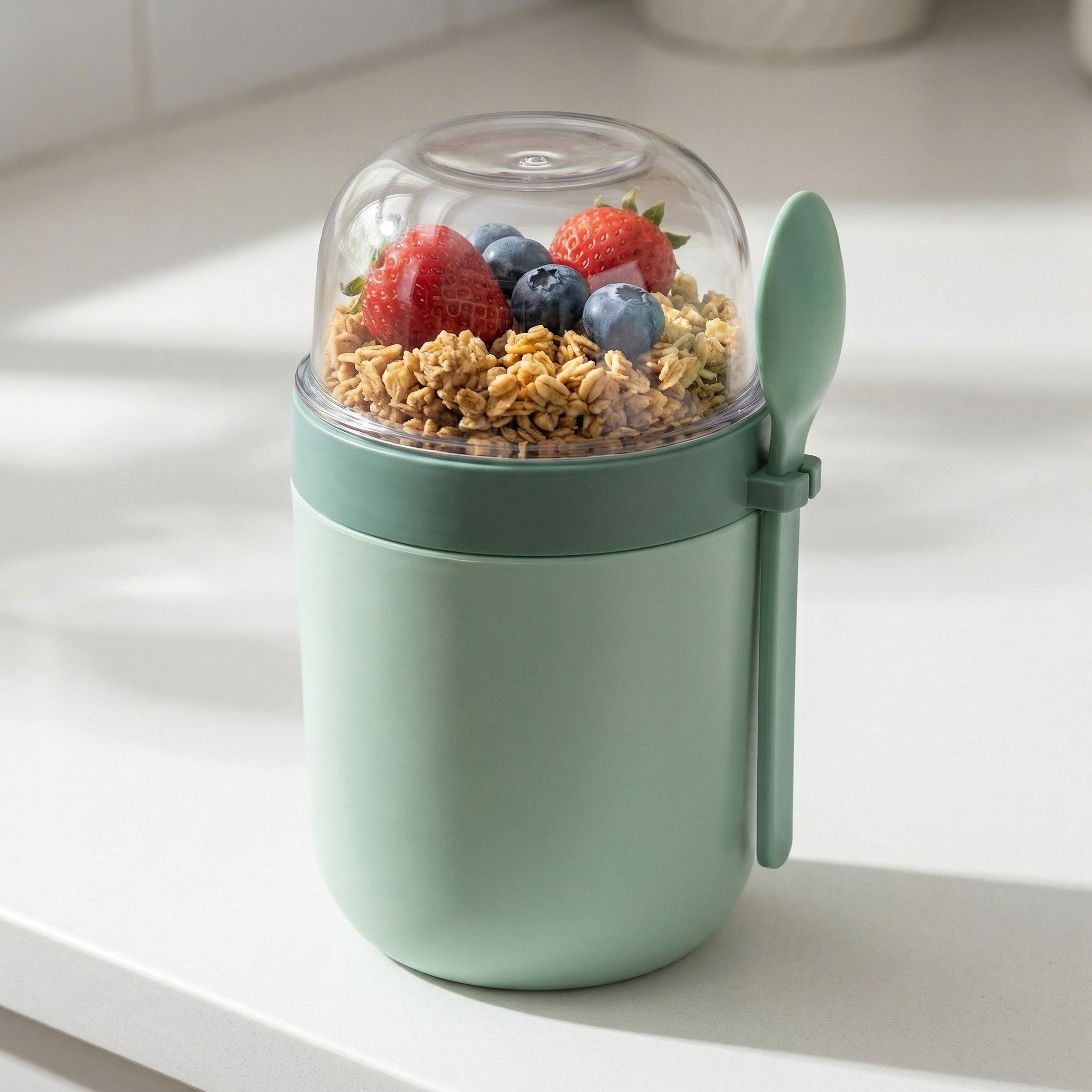 Arendo Mehrwegbecher Müslibecher mit Löffel, Aufbewahrungsbecher 750ml, To Go, (1 x Joghurtbecher, 1 x Klarsichtdeckel, 1 x Dressingbox, 1 x Löffel), Joghurtbecher, 3 getrennte Behälter, Klarsichtdeckel, auslaufsicher