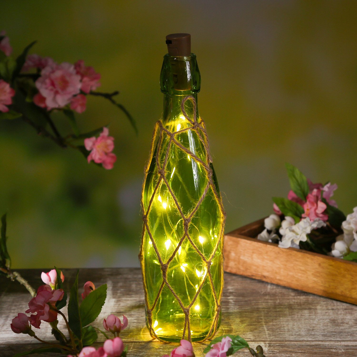 MARELIDA LED Dekolicht LED Dekoflasche mit Lichterkette Juteseil Leuchtflasche H: 28cm grün, LED Classic, warmweiß (2100K bis 3000K)