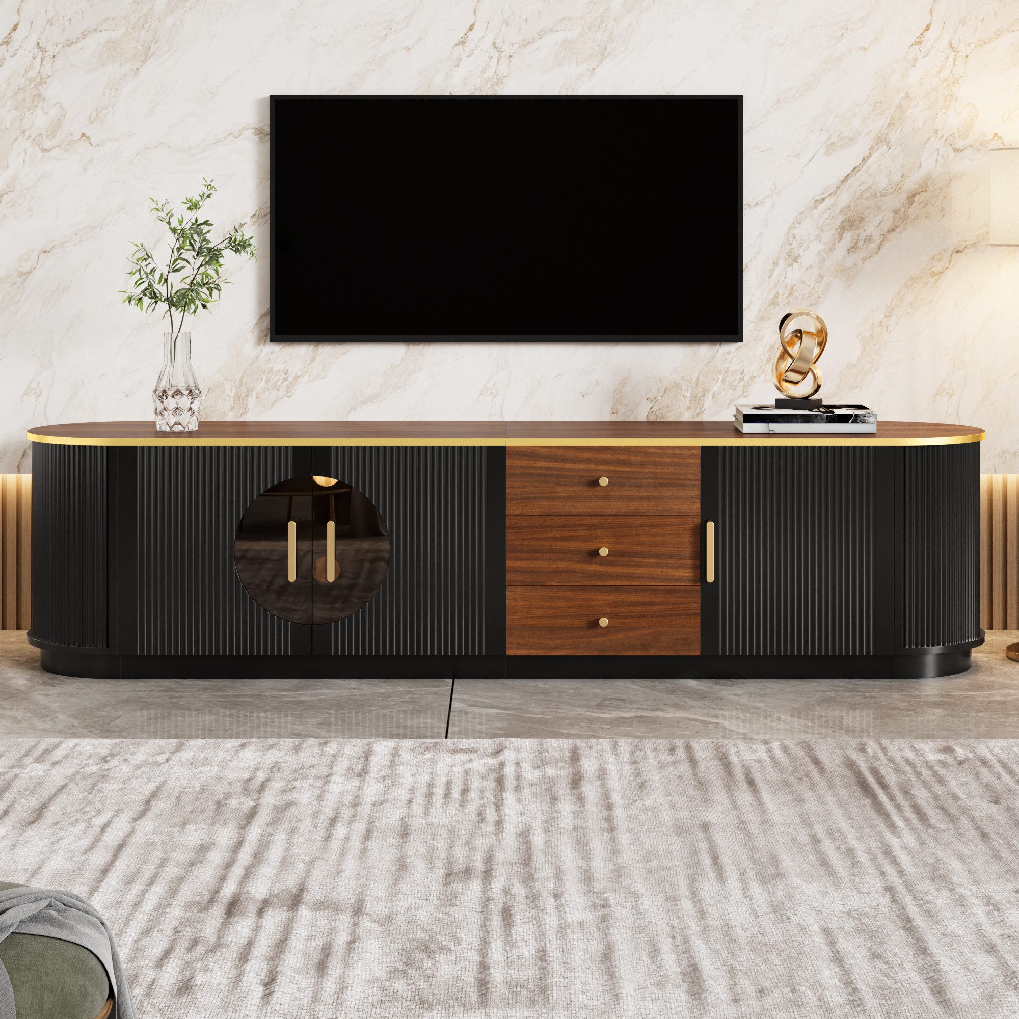 Celya TV-Schrank Lowboard, MDF-Korpus, mit Großer Stauraum und 3 Türen (mit 3 Schubladen und integrierten Kabelmanagementsystem ausgestattet) Geeignet für Wohnzimmer