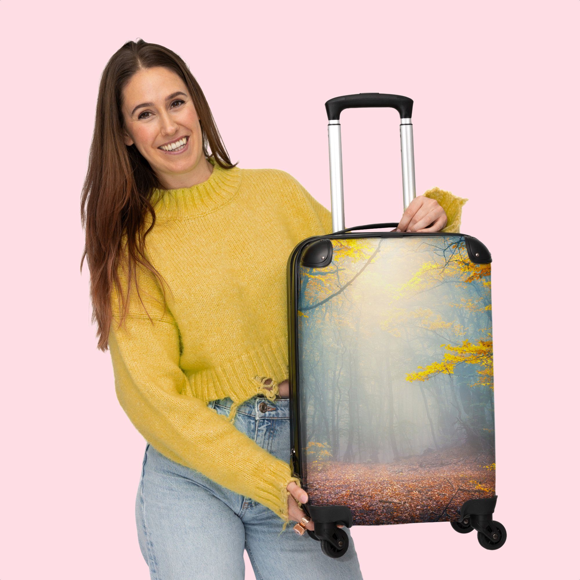 Rollkoffer Herbst Natur, 4 Handgepäck Cabin Nebel Bäume Wald Handgepäckkoffer NoBoringSuitcases.com© - Reisekoffer Rollen, Rollen - Kleine - Trolley 55x35x20cm - mit - 4