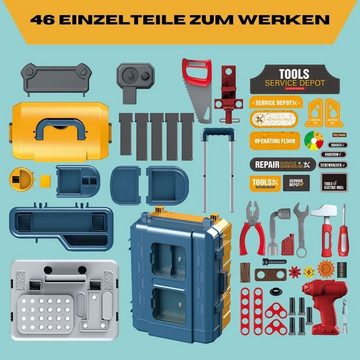 Coemo Spielwerkzeug, (46-tlg), Kinder Werkbank mit vielen Zubehörteilen: Werkzeug, Bauteile, Sticker