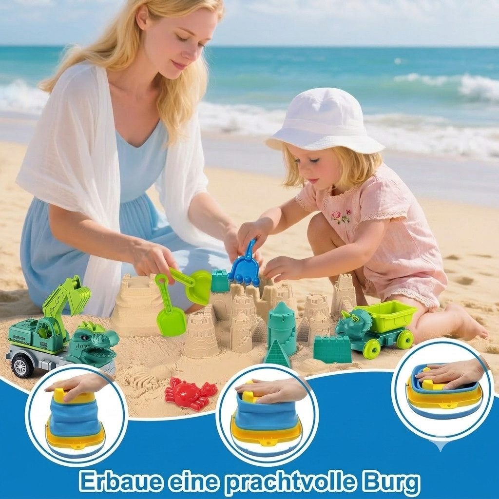 Pgtc Sandform-Set Dino Strandspielzeug Set 36-tlg. mit Falteimer und Netztasche Kinder, (36-teiliges Dino Strandspielzeug mit Falteimer und Netztragetasche, 36- – Bild 2 von 5