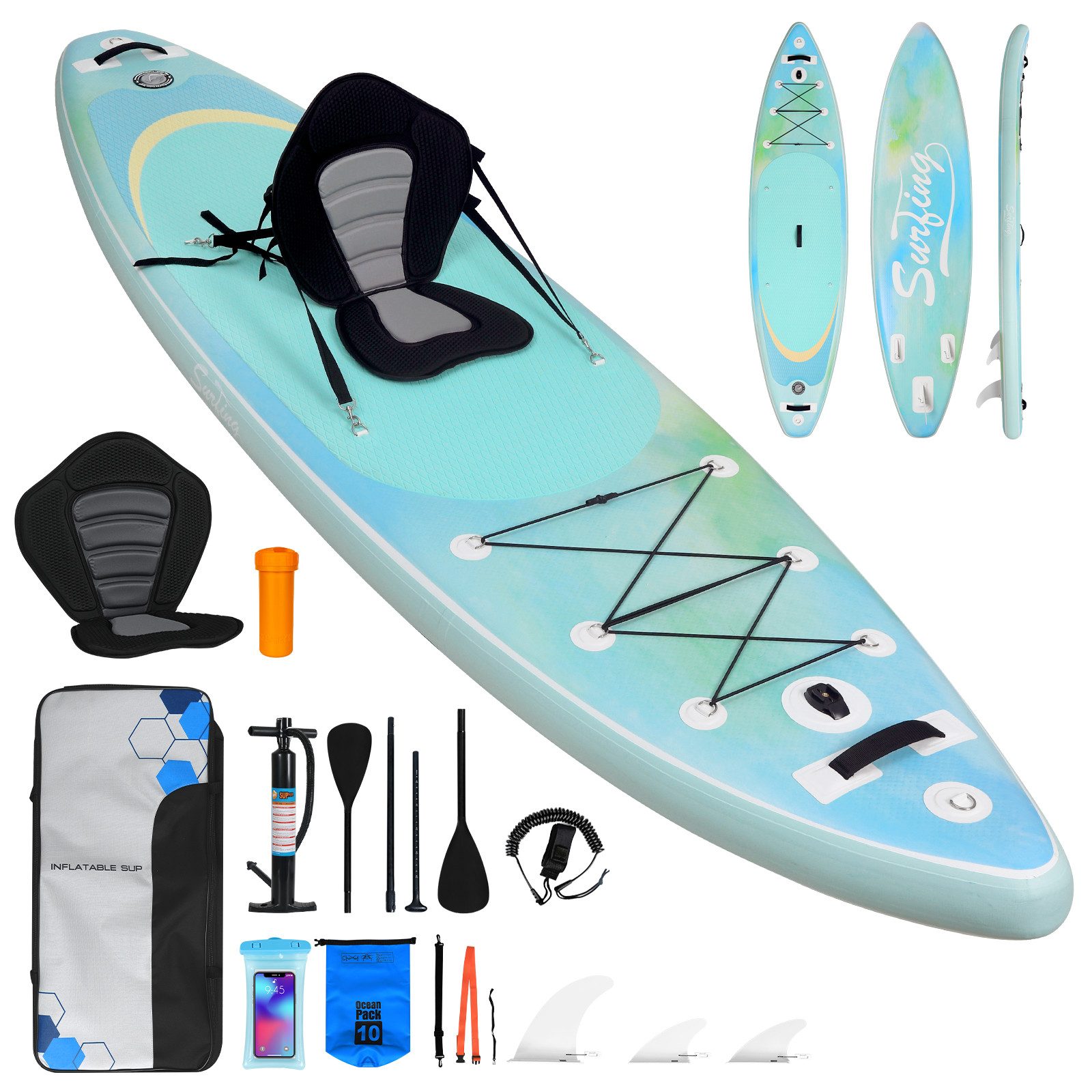 Inflatable SUP-Board Set aufblasbar mit Halter, Sitz und Fußband, MB. bis 150Kg, 335/320cm
