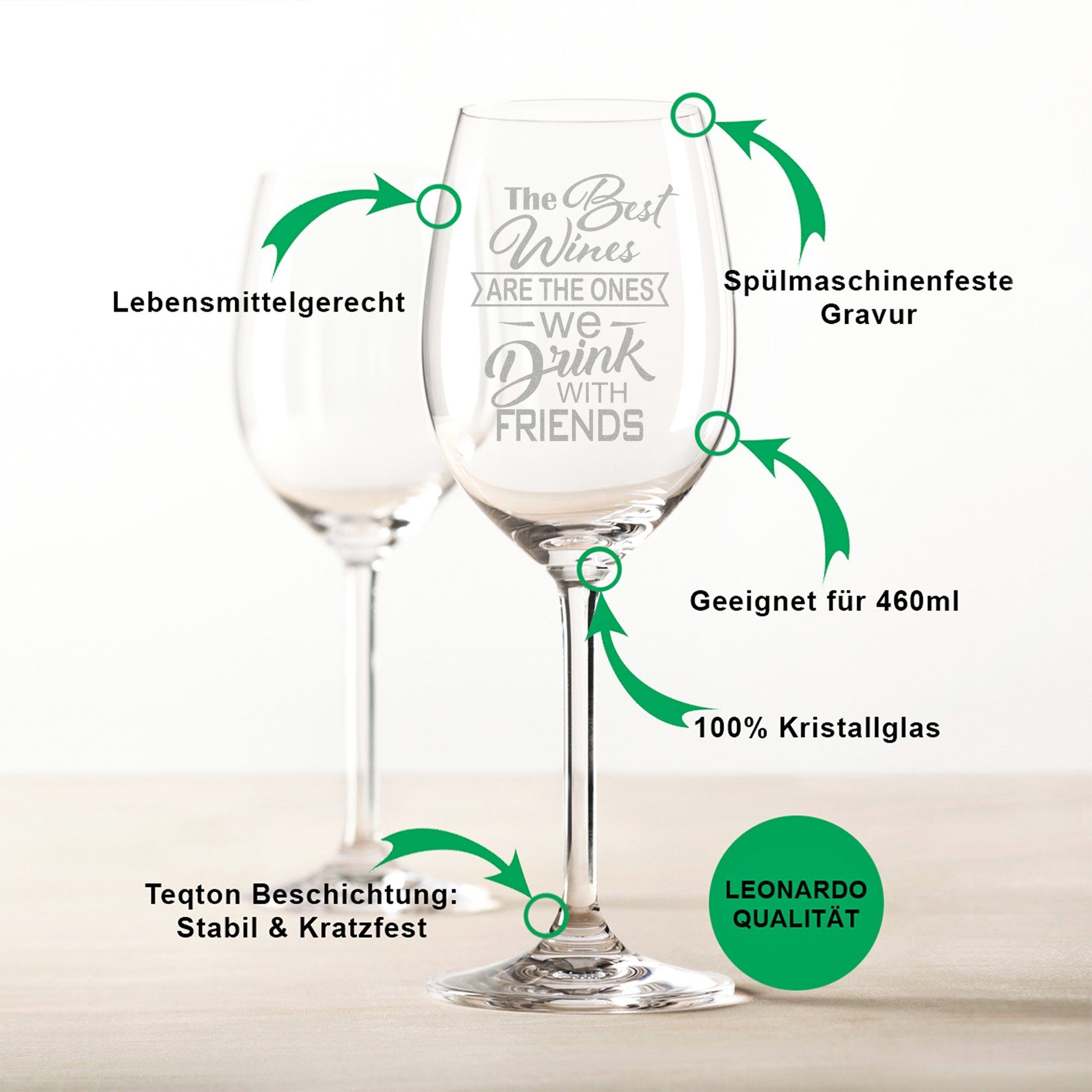 GRAVURZEILE Rotweinglas mit Gravur - The Best Wines are the ones we drink with friends, Glas, graviertes Geschenk für Partner, Freunde & Familie