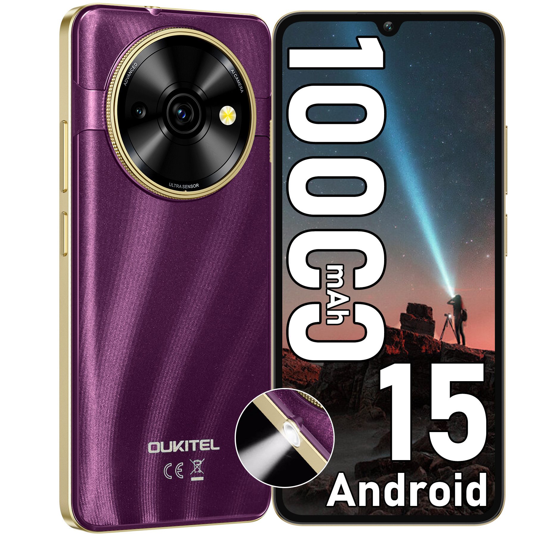 OUKITEL C59 Android 15 Smartphone (17,48 cm/6.88 Zoll, 128 GB Speicherplatz, 13 MP Kamera, 10000mAh, 16GB RAM 128GB ROM, 6,88 Zoll HD+, GPS, 4G Dual SIM)