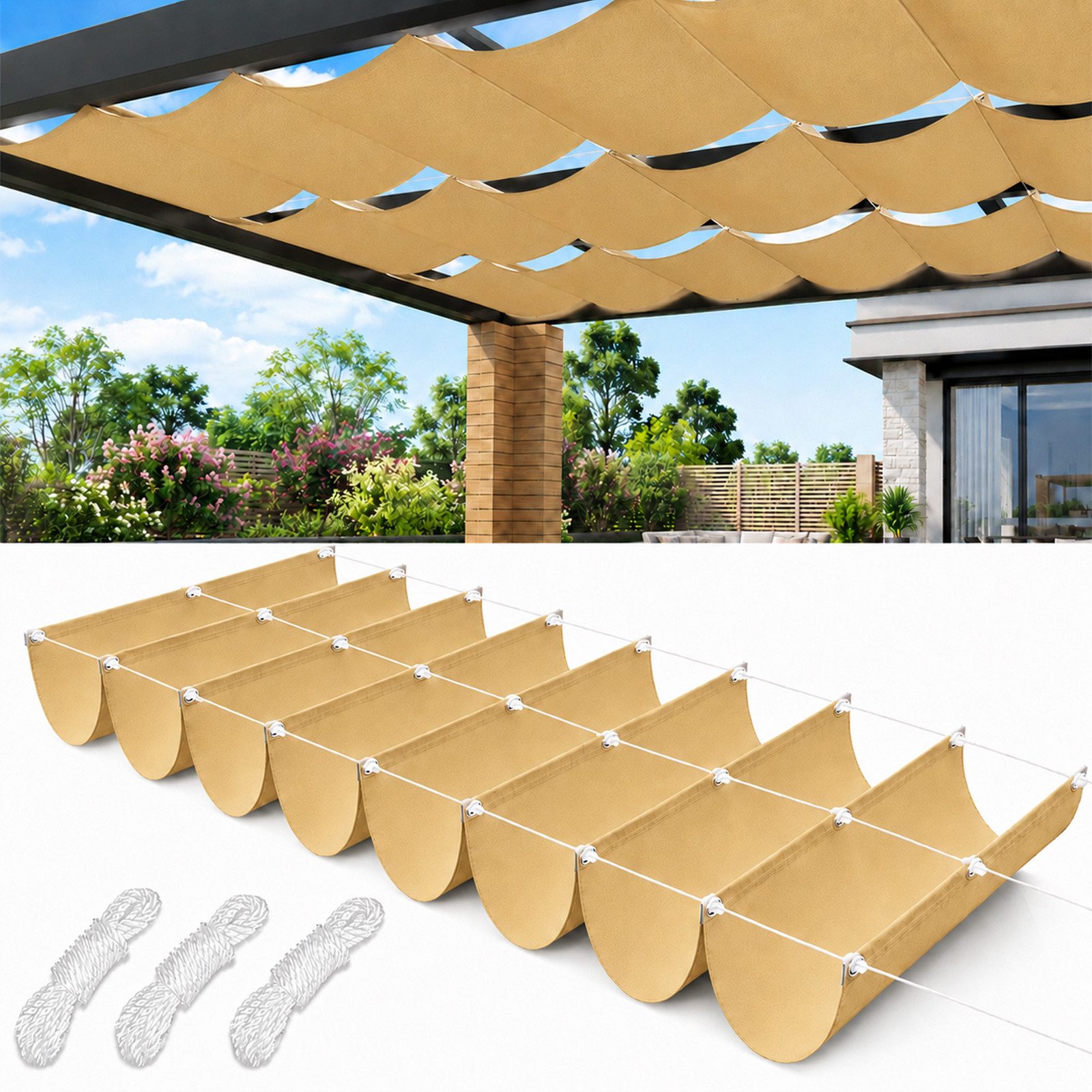 Lapamax Sonnensegel Wasserdichtes Sonnensegel mit UV-Schutz, einziehbar, Reißfest, Verstellbare Pergola-Markise für Terrasse, Garten & Balkon, Sand