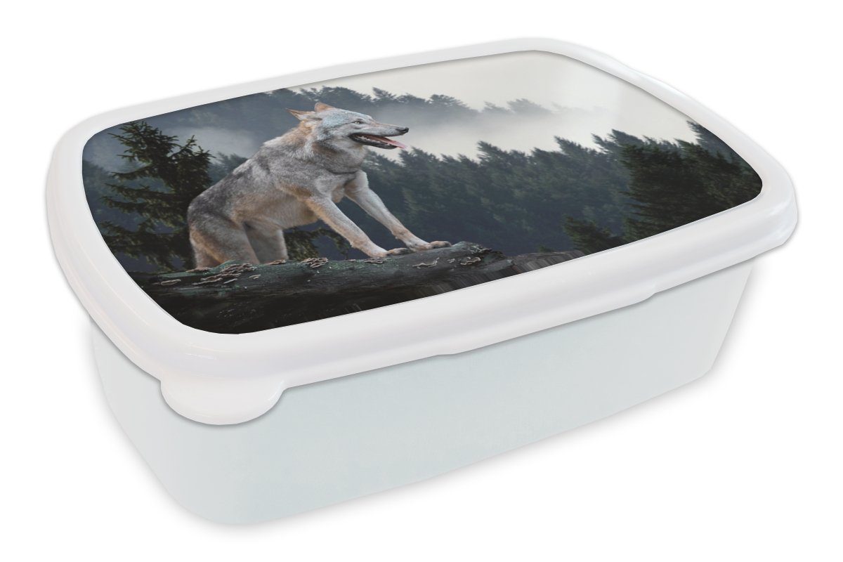 MuchoWow Lunchbox Wolf - Tier - Wald, Kunststoff, (2-tlg), Brotbox für Kinder und Erwachsene, Brotdose, für Jungs und Mädchen weiß