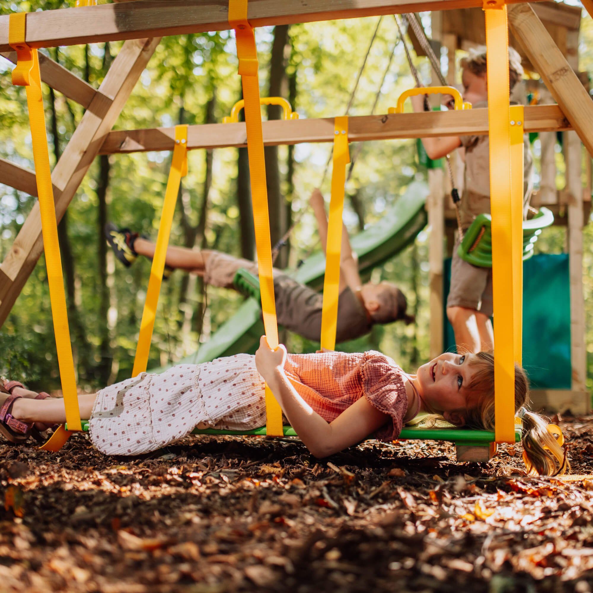 FATMOOSE Doppelschaukel JollyJade mit Surfschaukel, Kletteranbau und Hochsitz, (Schaukel - Set, 10 jährige Garantie), Hochsitz, Wackelbrett und Kletterpodest