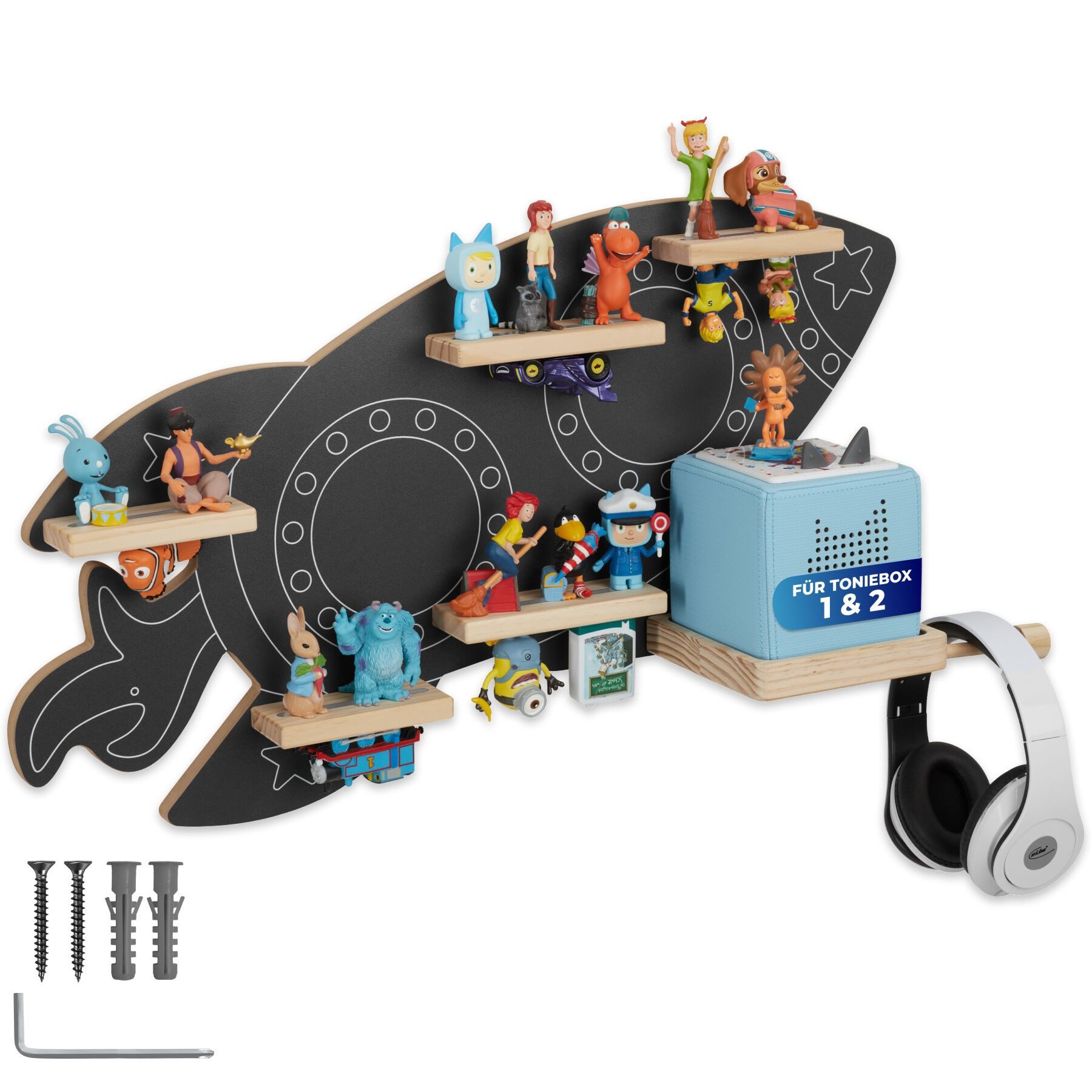 tectake Wandregal Tonie Regal Raketenoptik, magnetisch, für 40 Figuren, Tonie Organizer MyLittleStory Rocket 1-tlg., Inkl. Kopfhörerhalterung, Kabelführung, unsichtbare Aufhängung